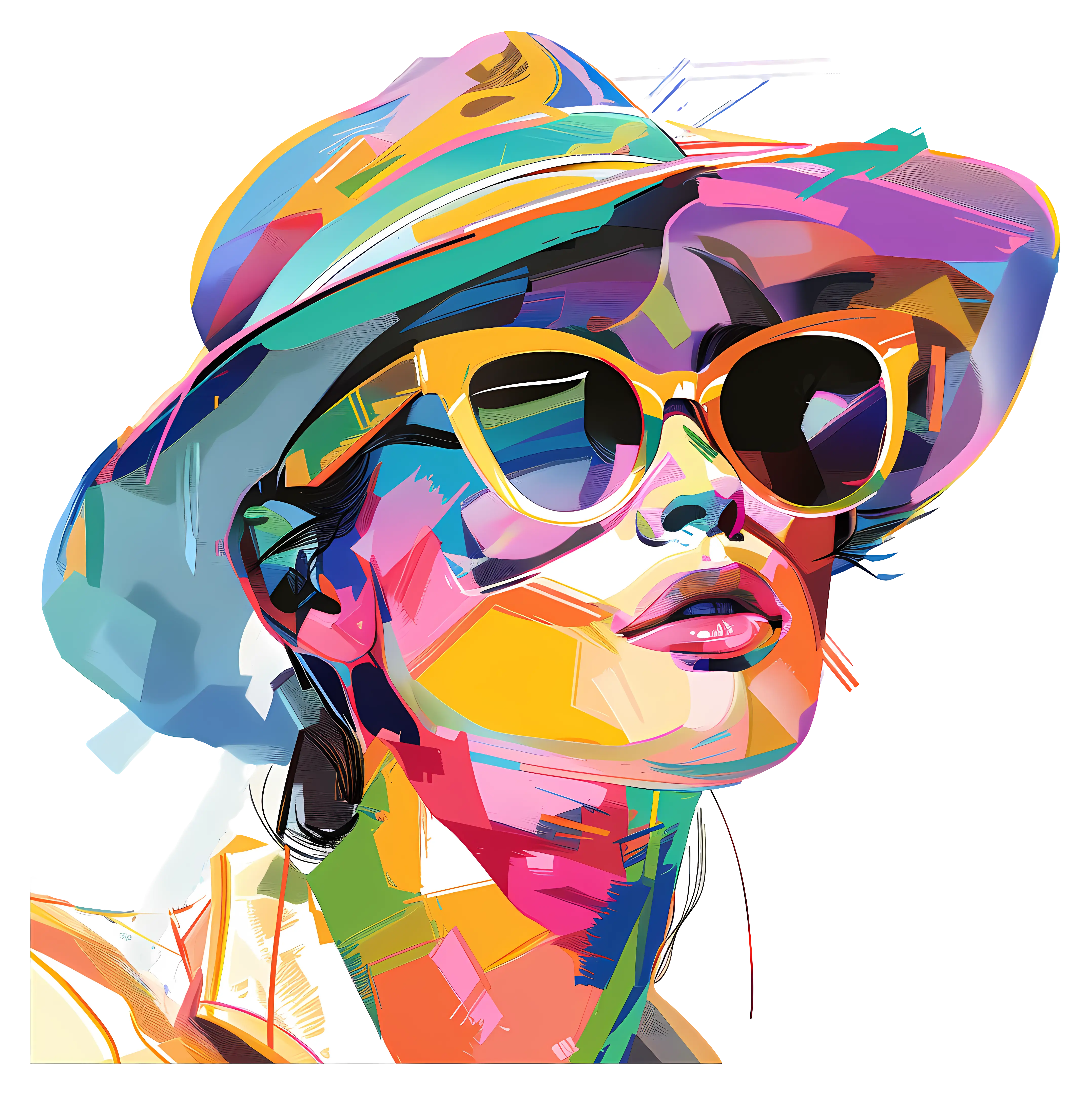 Colorful Portrait of Woman with Hat and Sunglasses