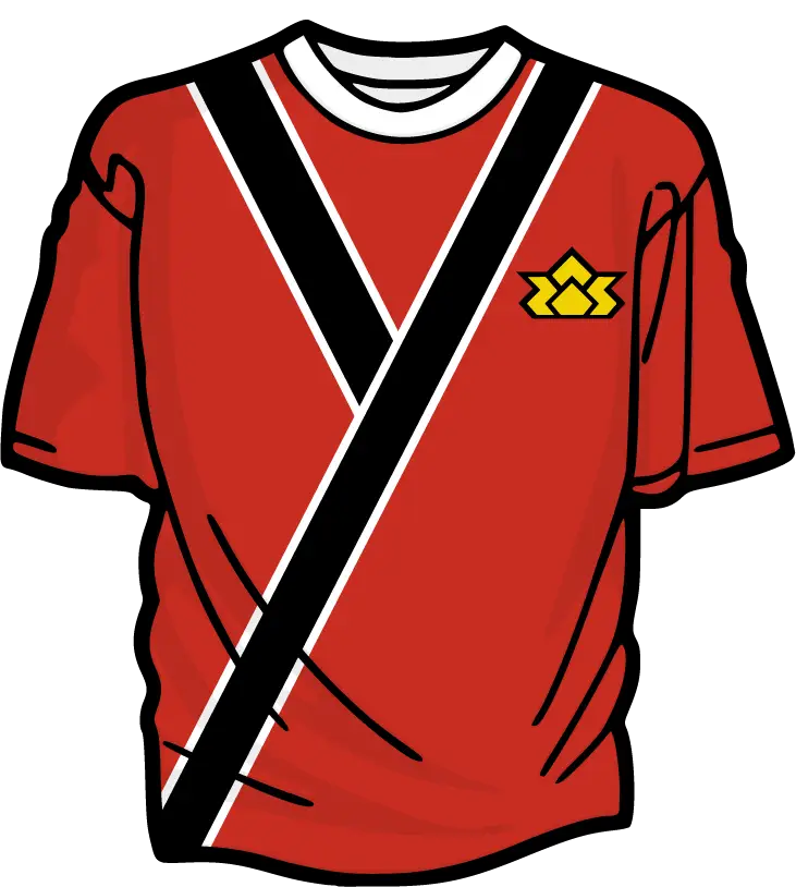 Red T-Shirt with Black Stripes and Yellow Logo