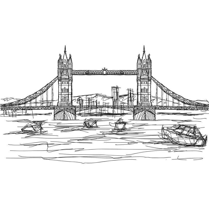 Sketch of Famous Bridge with Boats