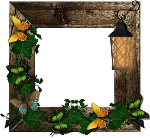 Rustic Wooden Frame with Lantern and Butterflies