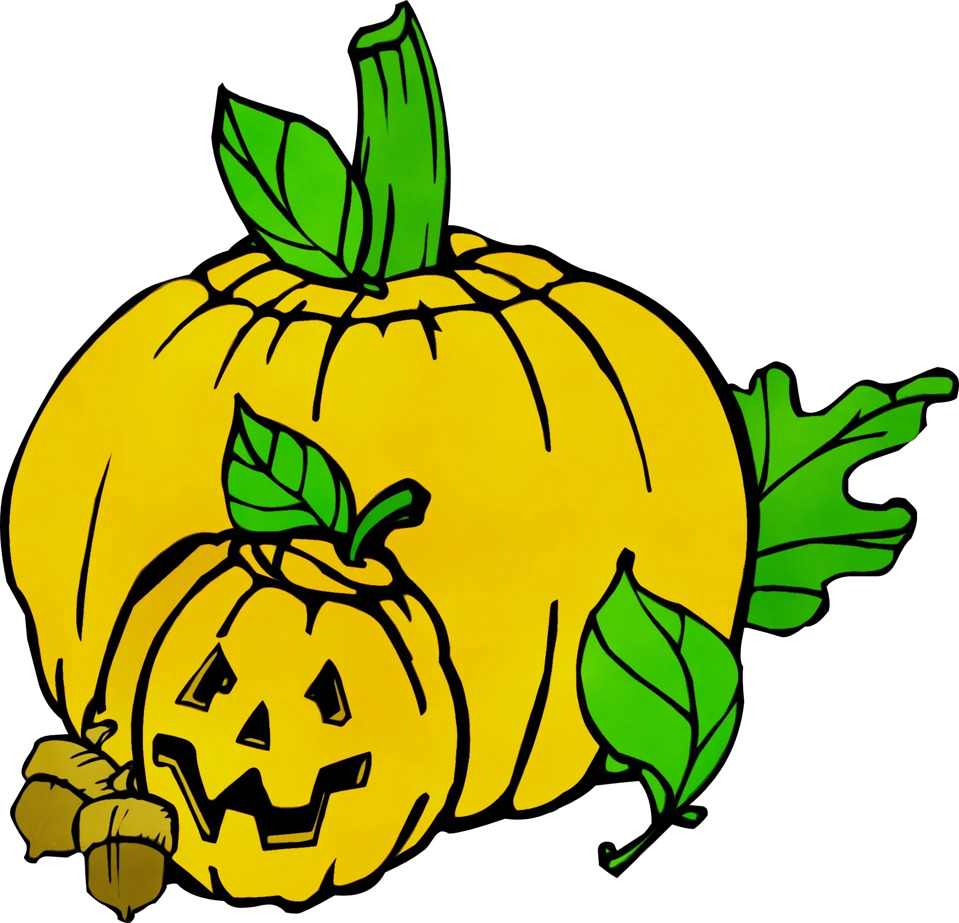 Yellow Pumpkins with Jack-O&#039;-Lantern and Leaves