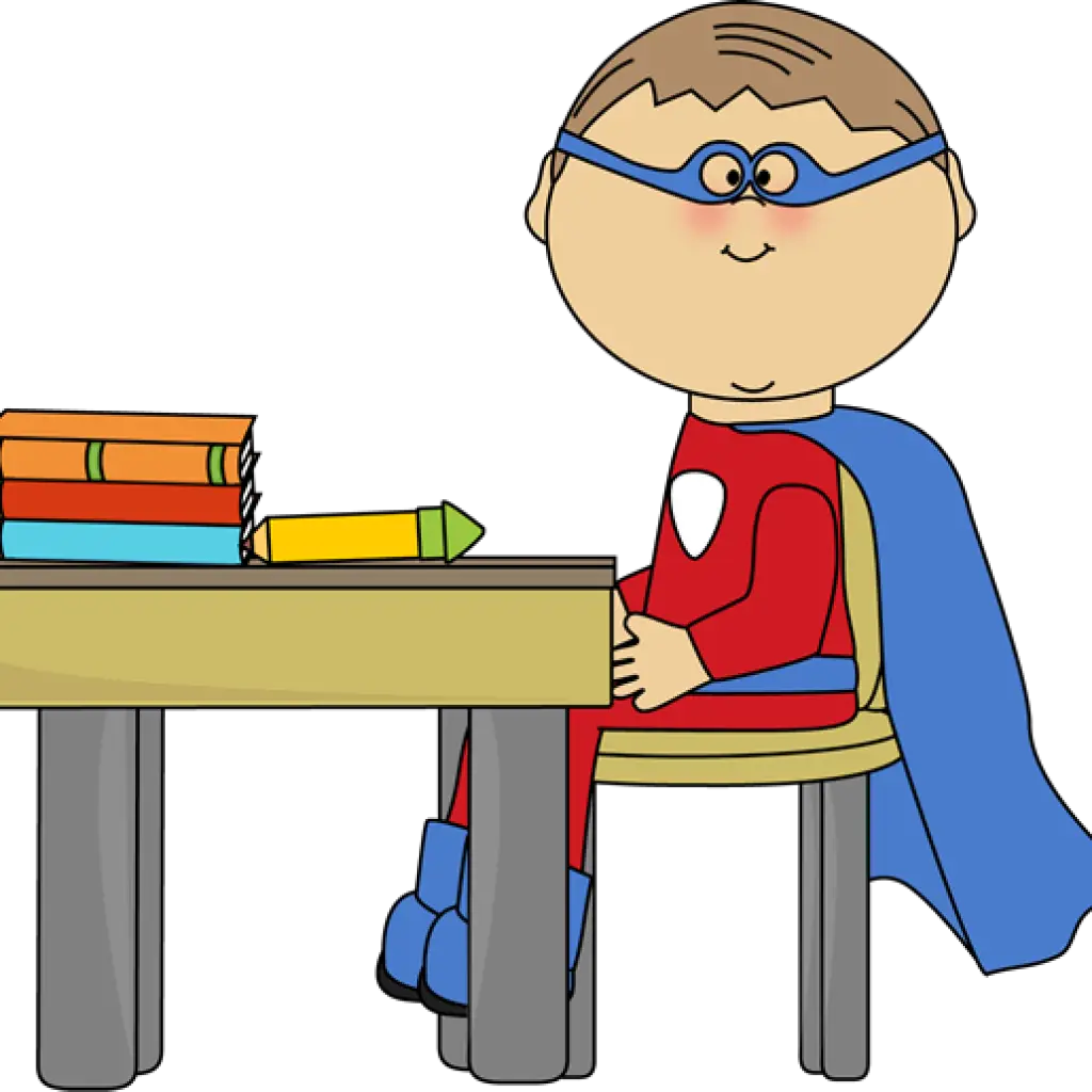 Superhero Kid at School Desk