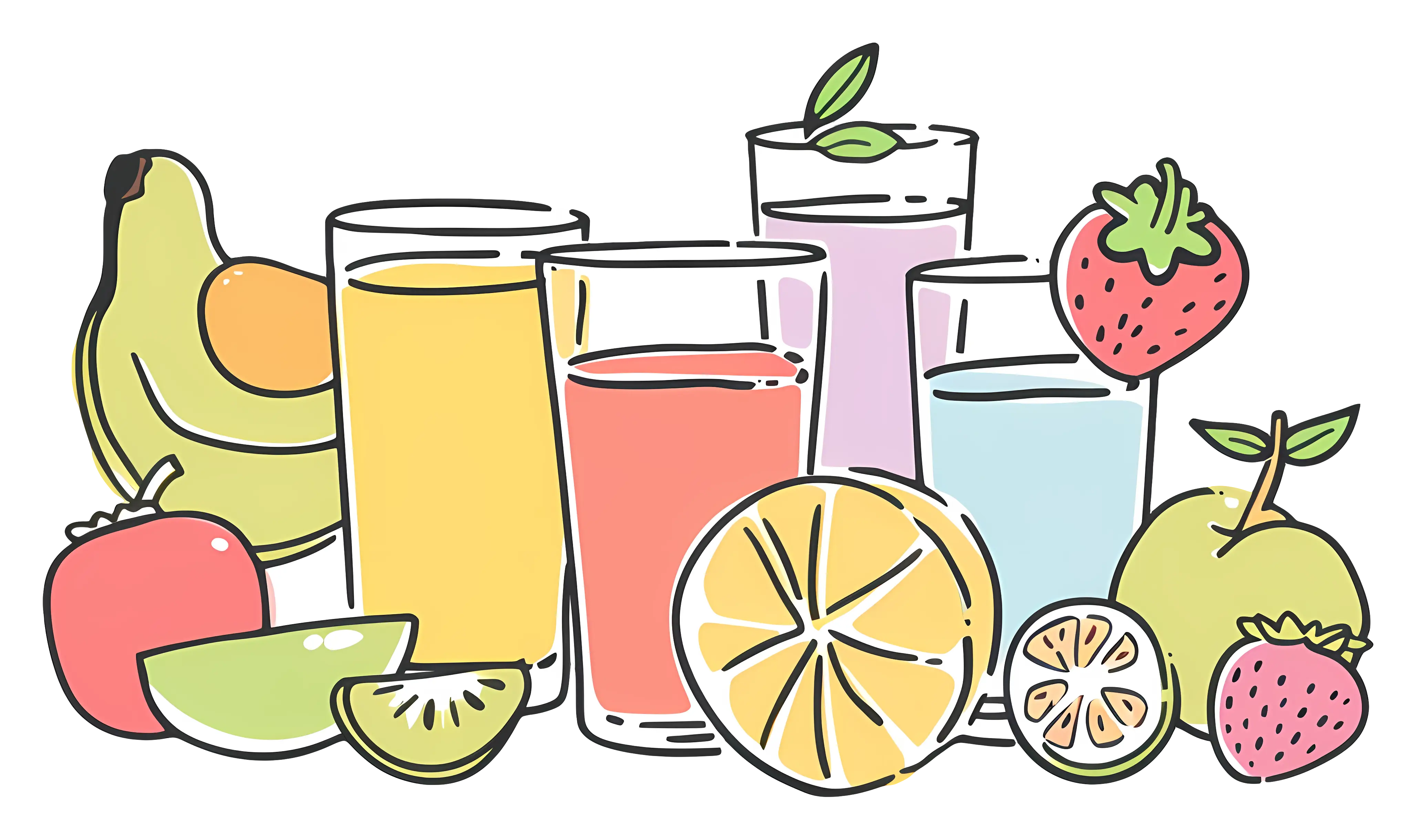 Colorful Fruit Juices with Fresh Fruits