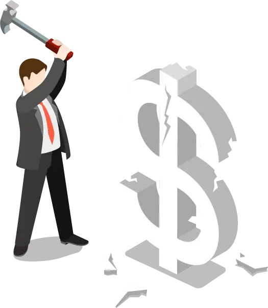 Businessman Breaking Dollar Sign with Hammer