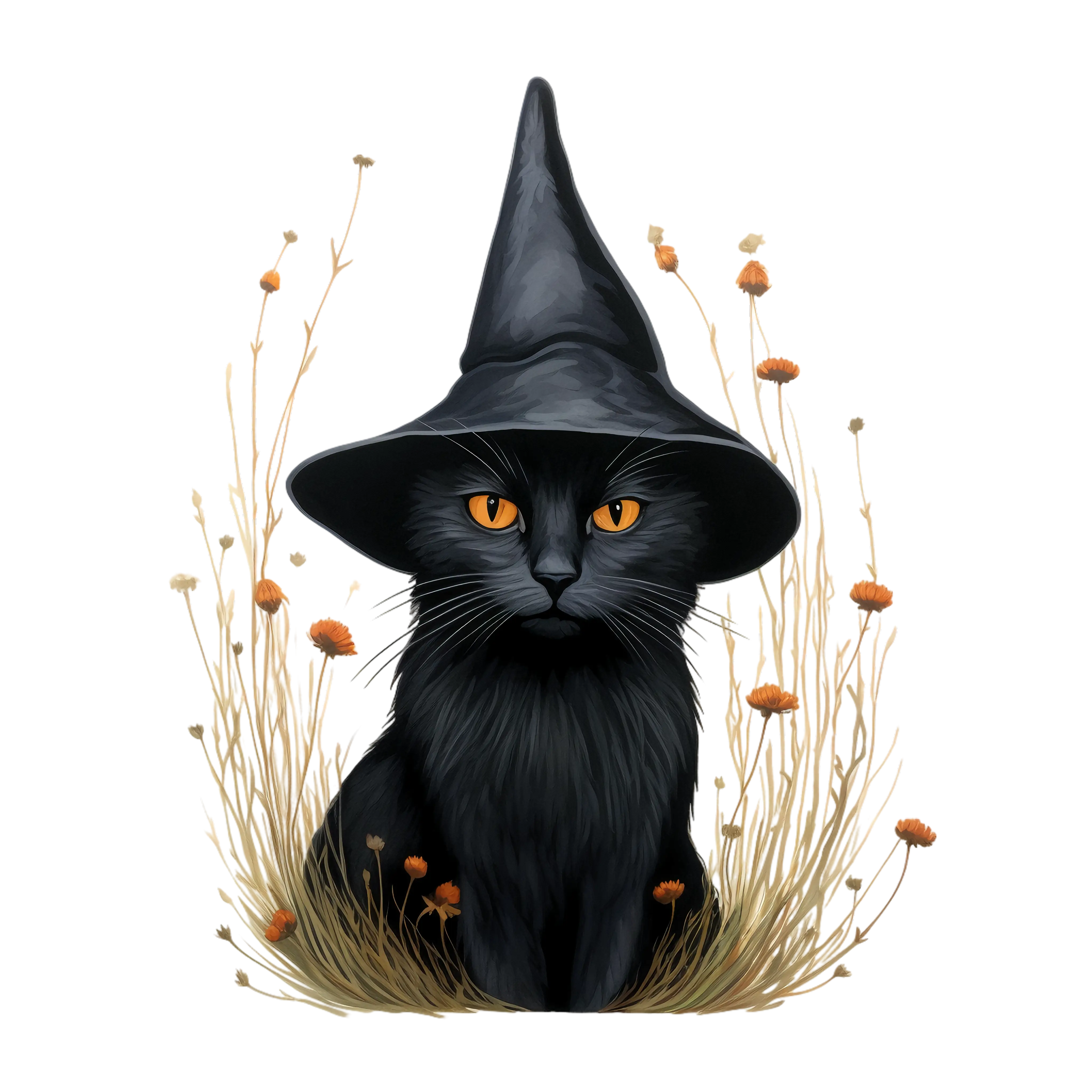 Black Cat with Witch Hat and Dry Flowers Illustration