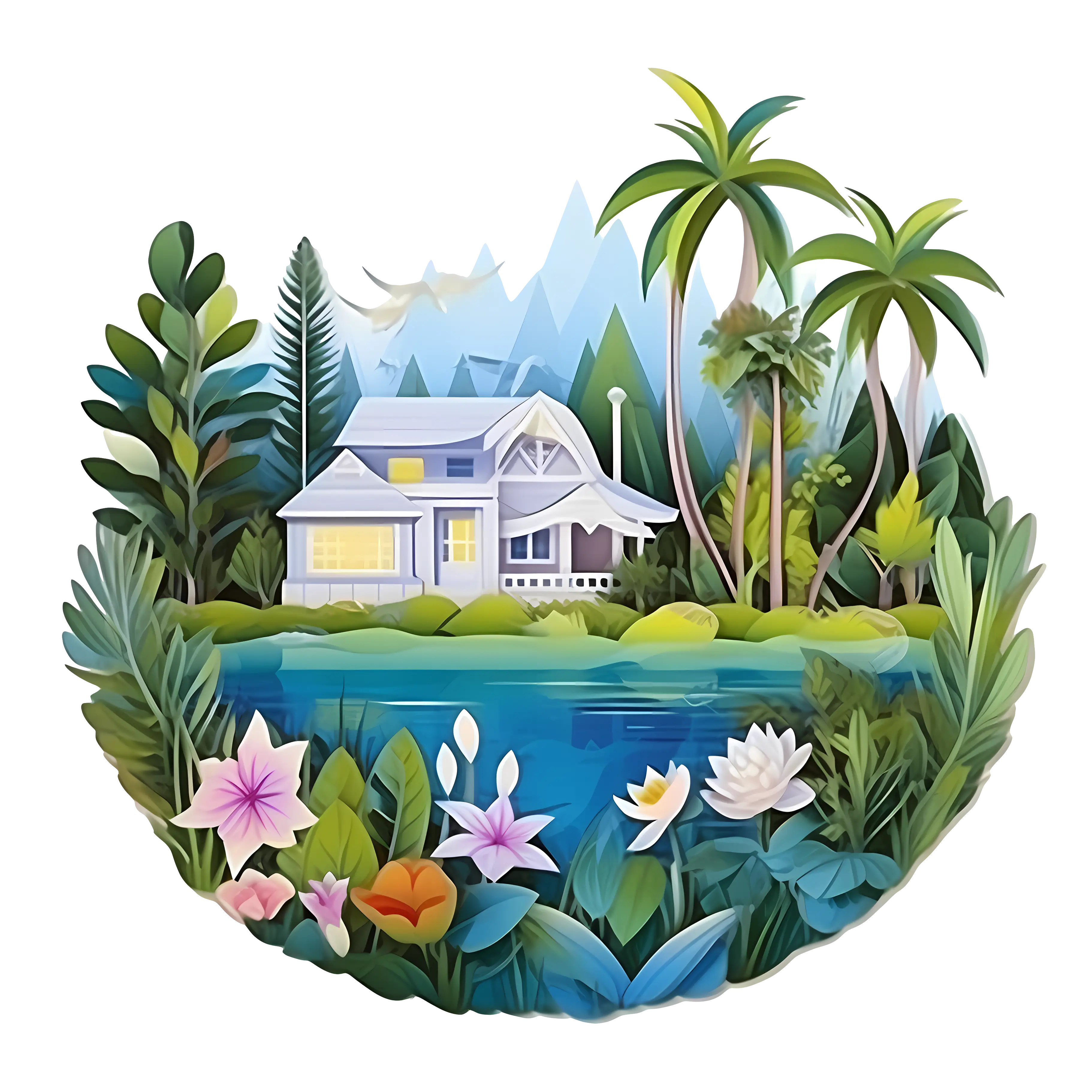 Tropical House by a Picturesque Lake
