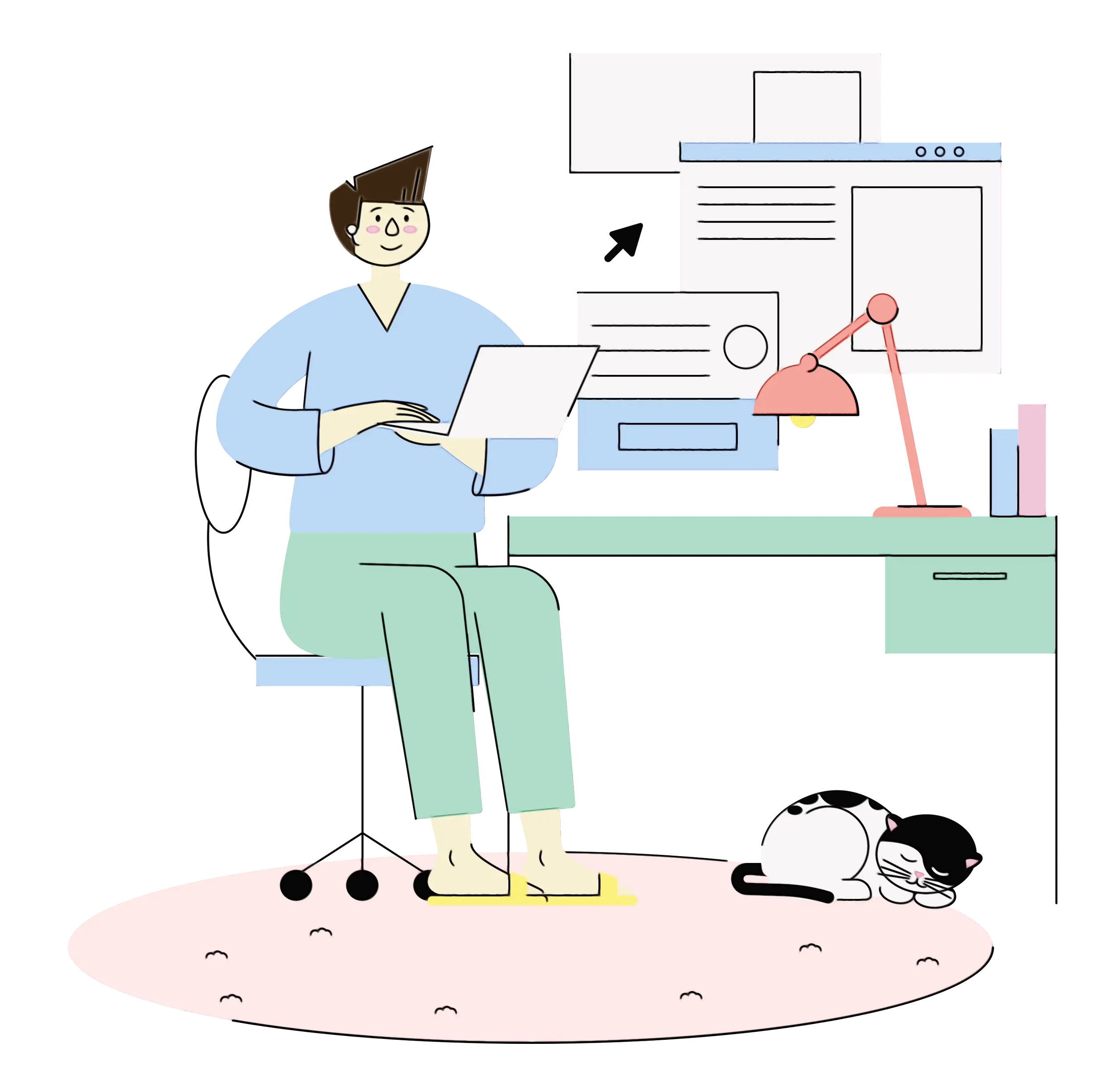 Cartoon Man Working on Laptop with Cat Illustration