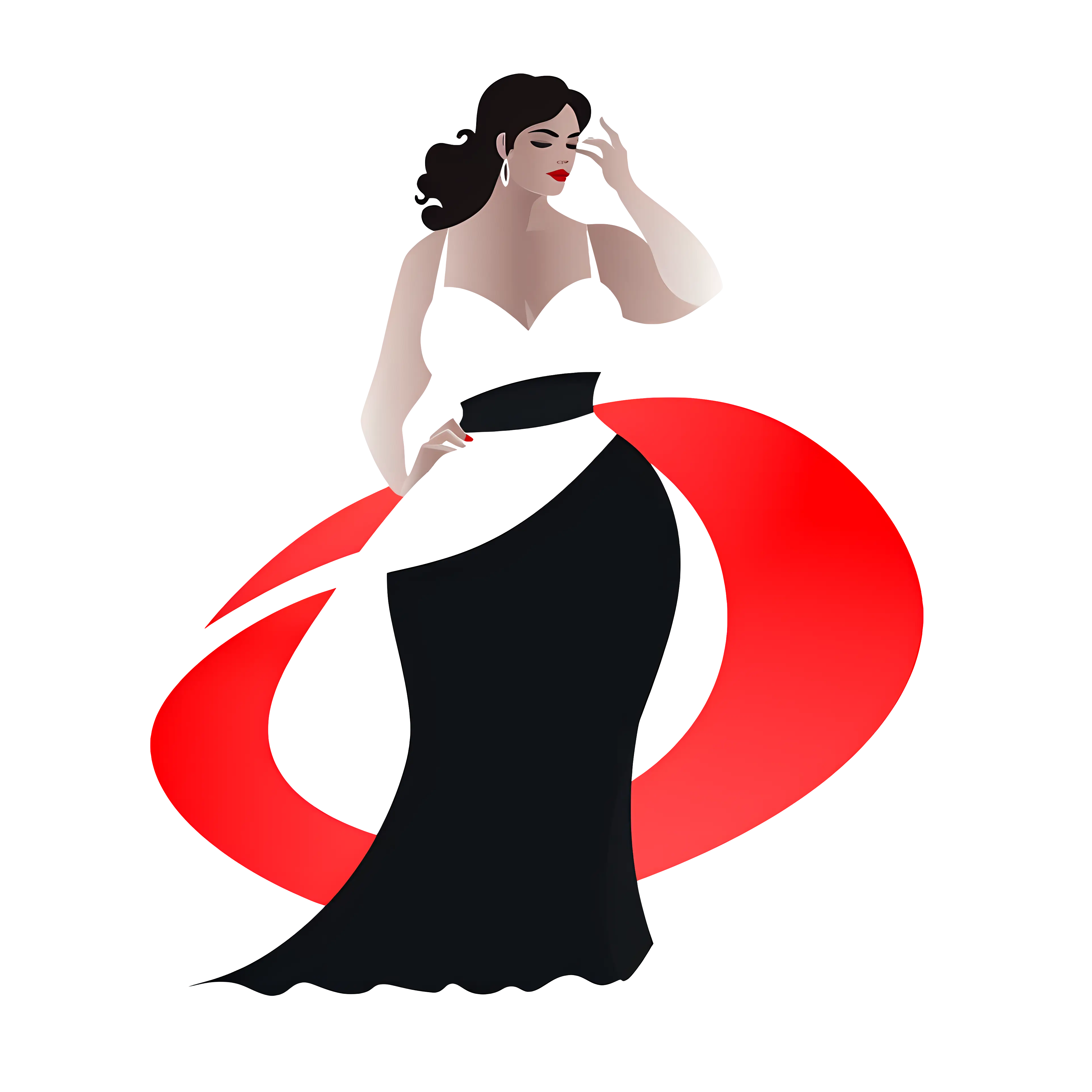 Chic Fashion Illustration of Woman in Black and White Dress