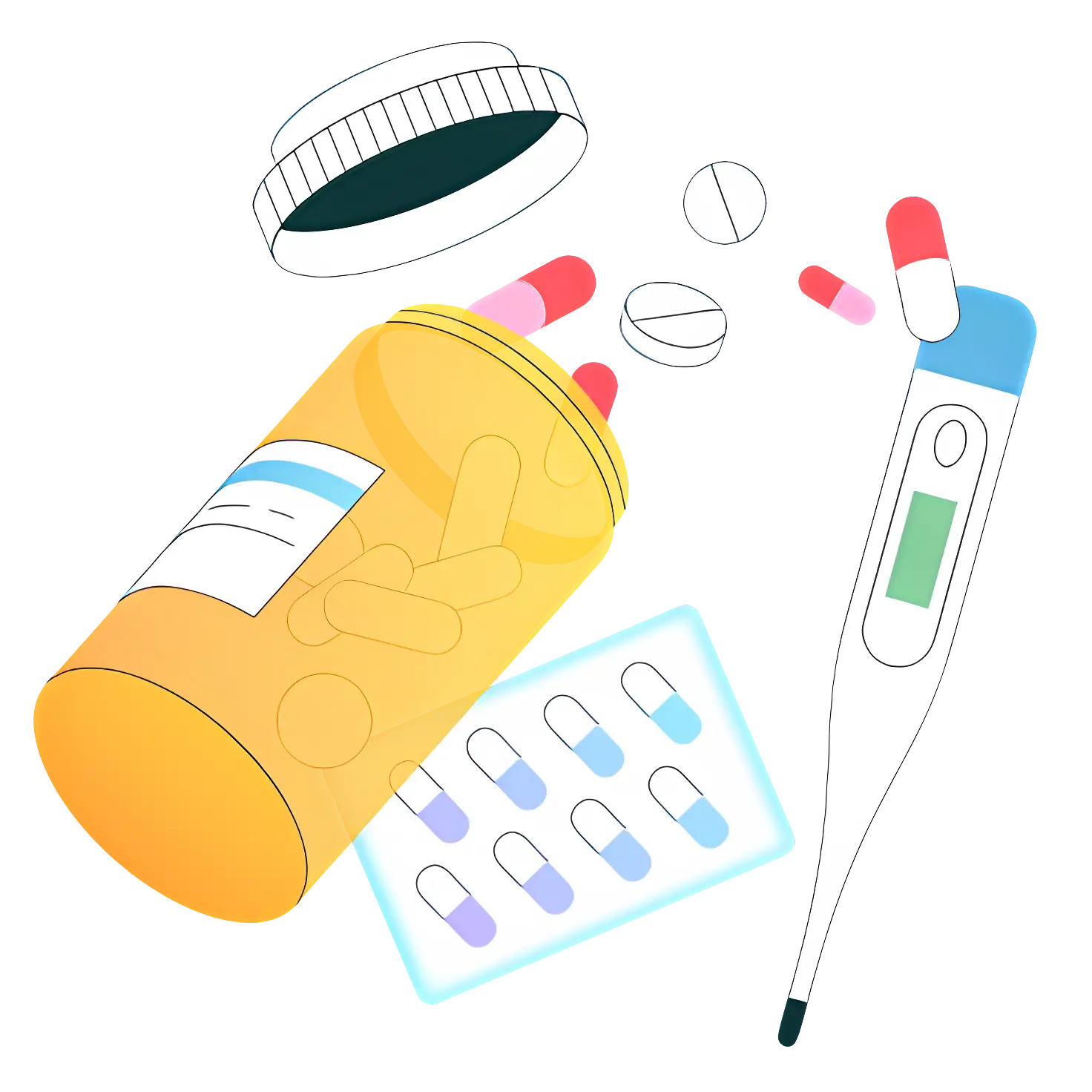 Medicine Bottle and Thermometer with Pills