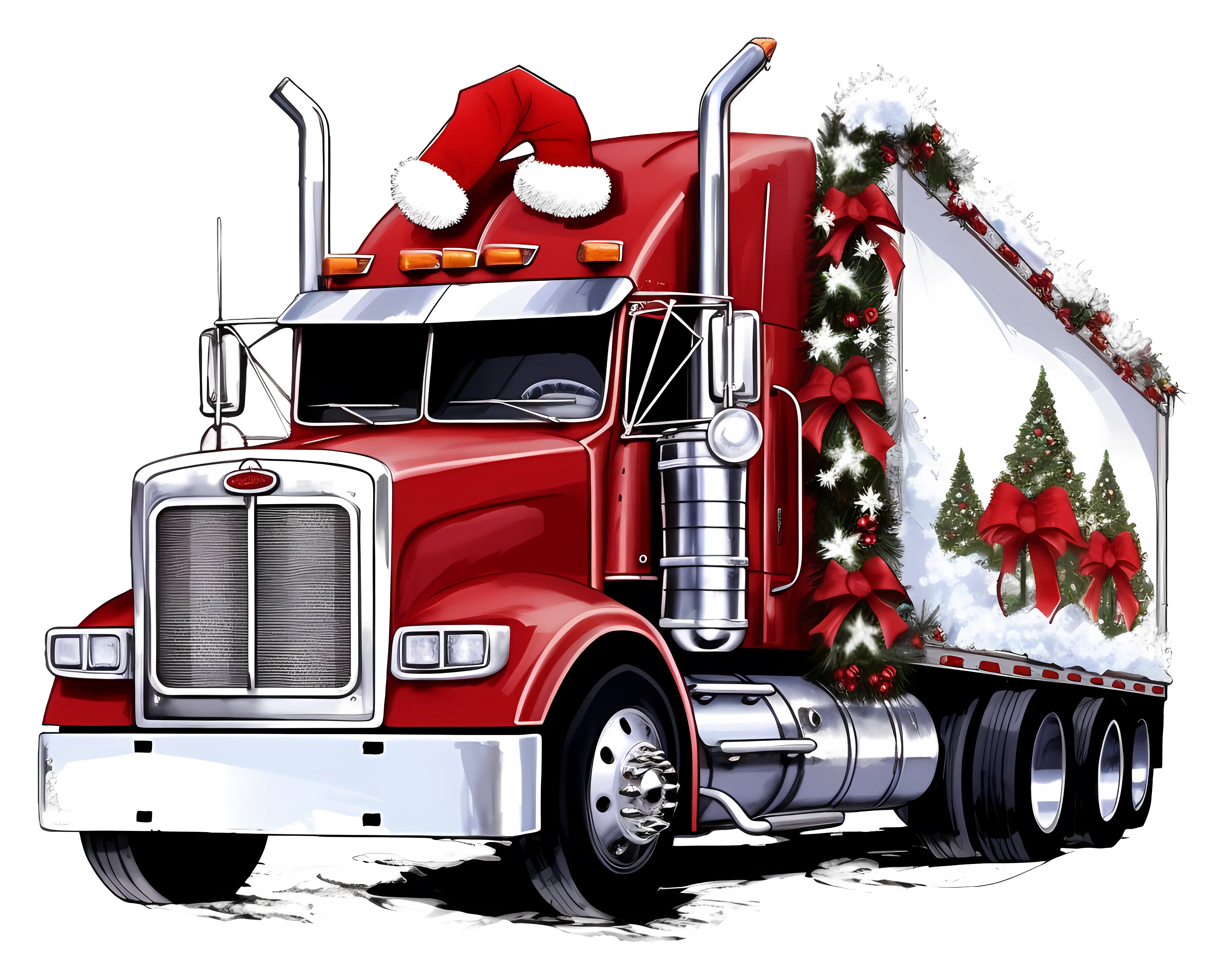 Christmas-decorated red truck with festive ornaments