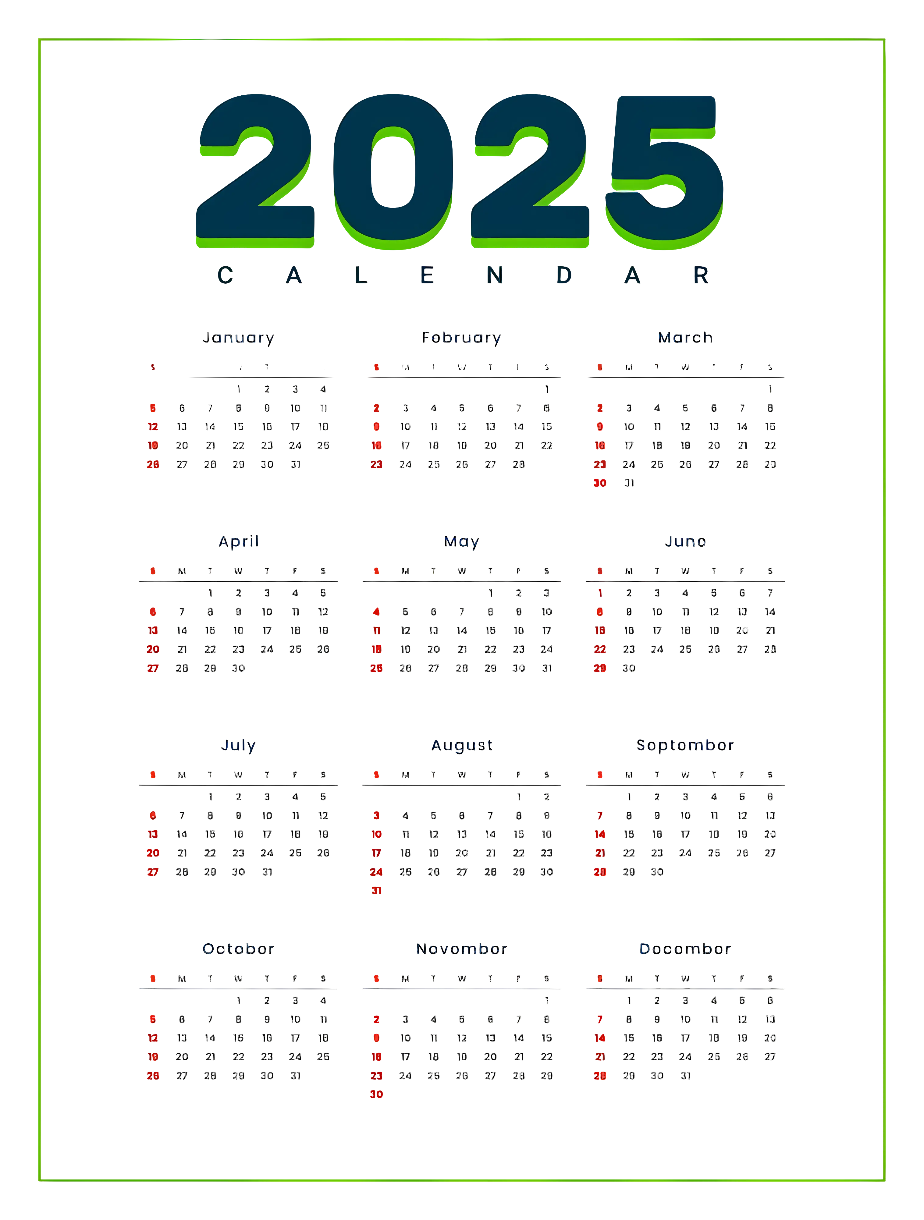 Simple 2025 Calendar