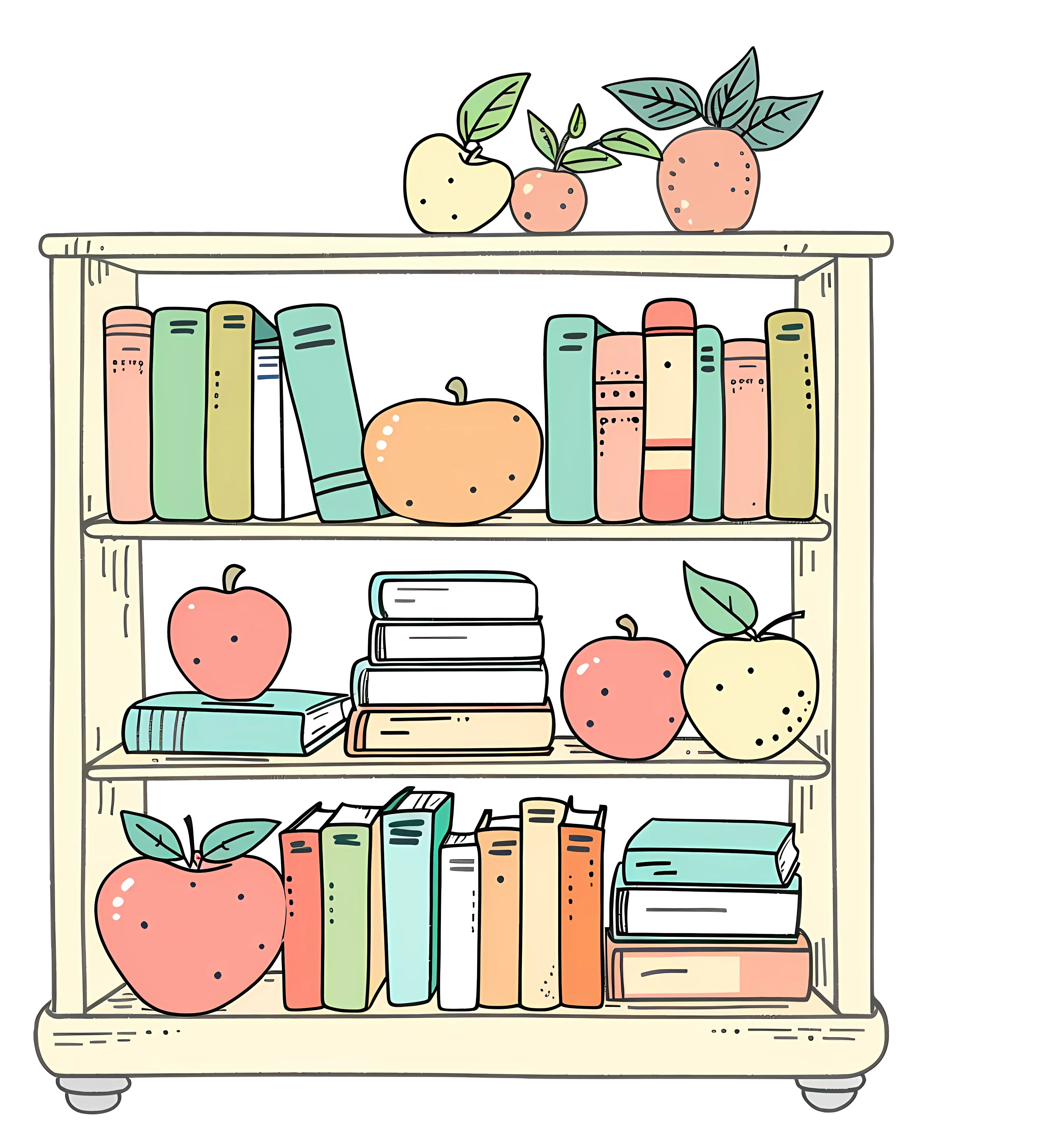 Bookshelf with Colorful Books and Apples