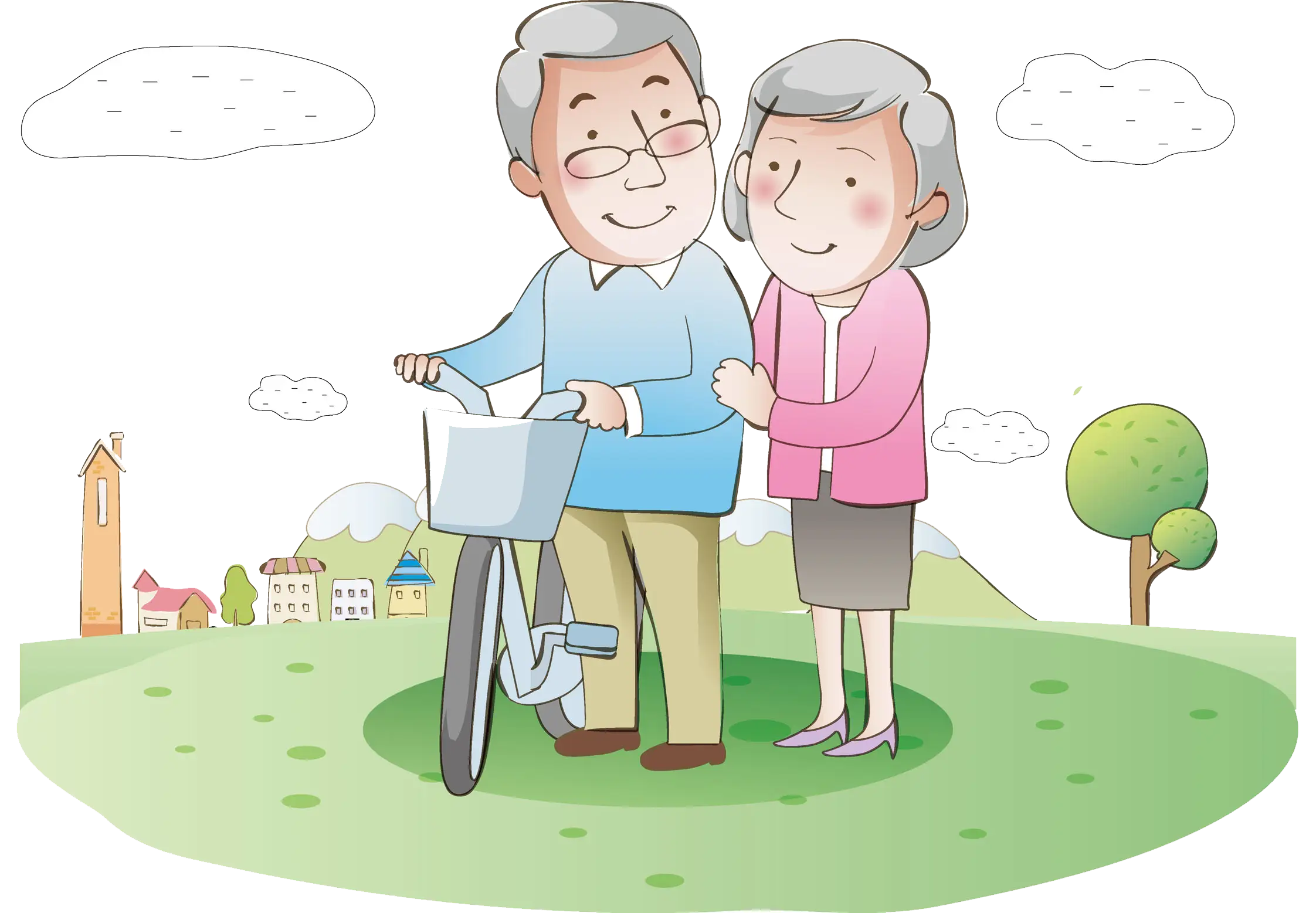 Elderly Couple with Bicycle in Park