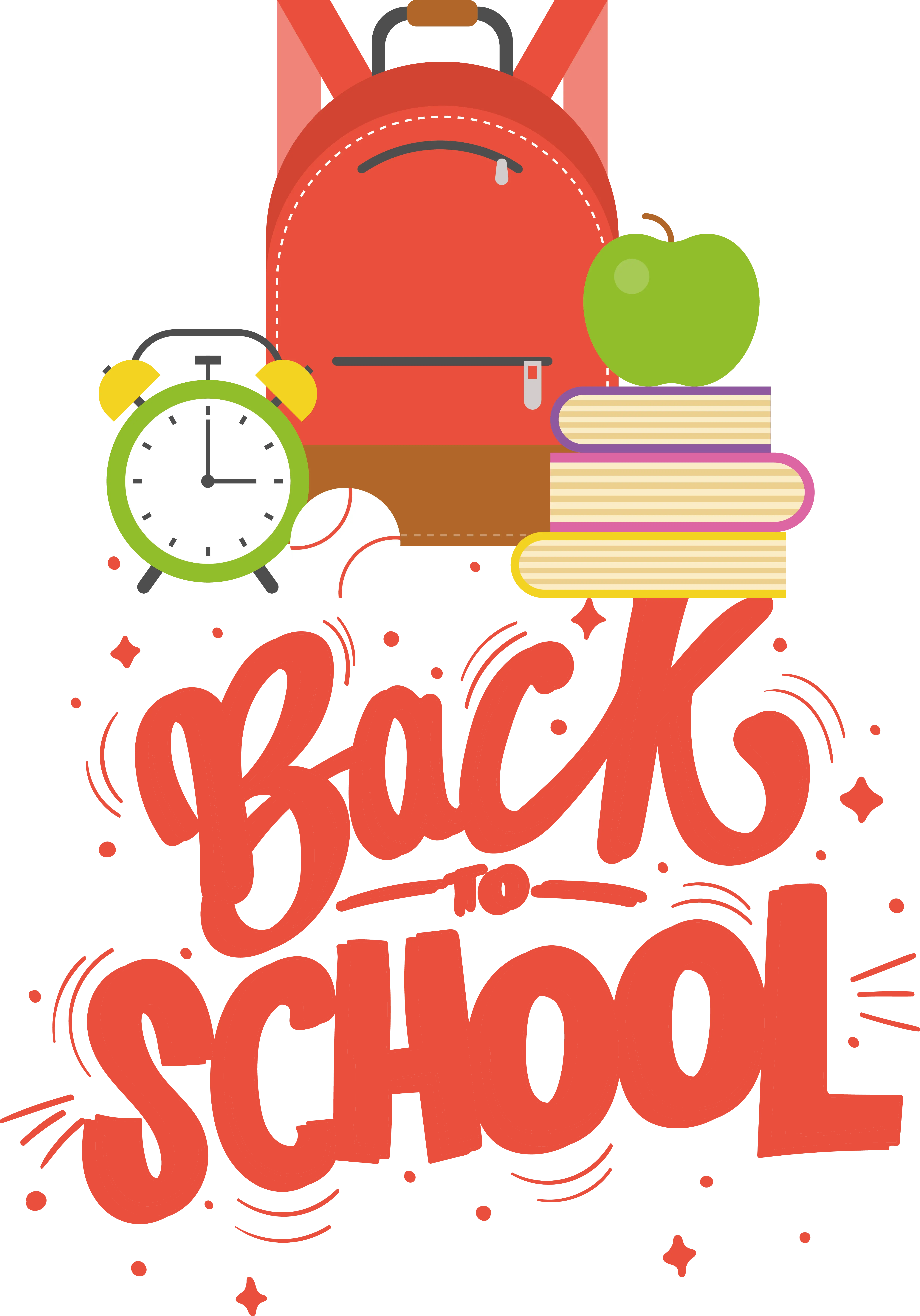 Back to School Graphic With Clock, Backpack, and Books