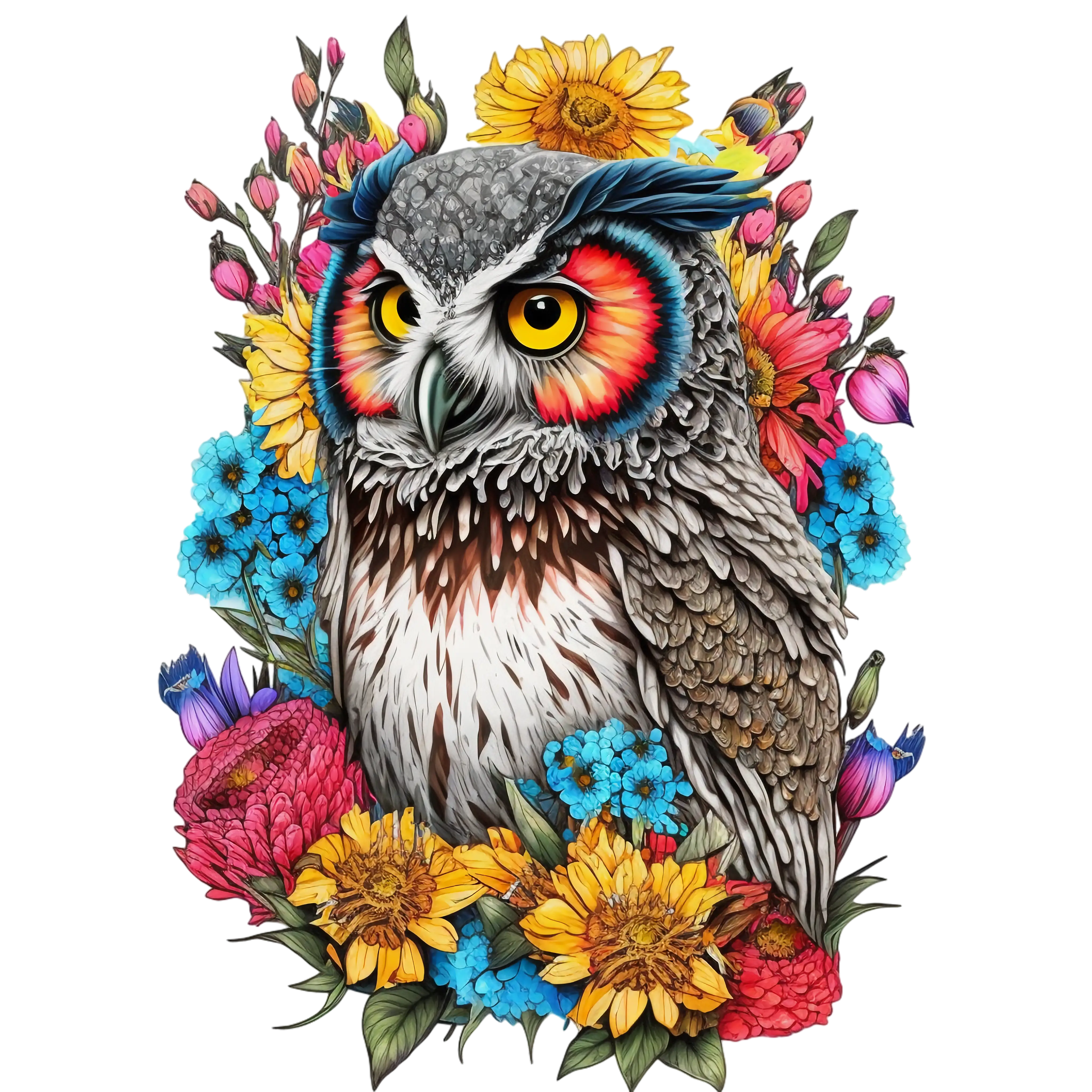 Illustration of a Colorful Owl Surrounded by Flowers