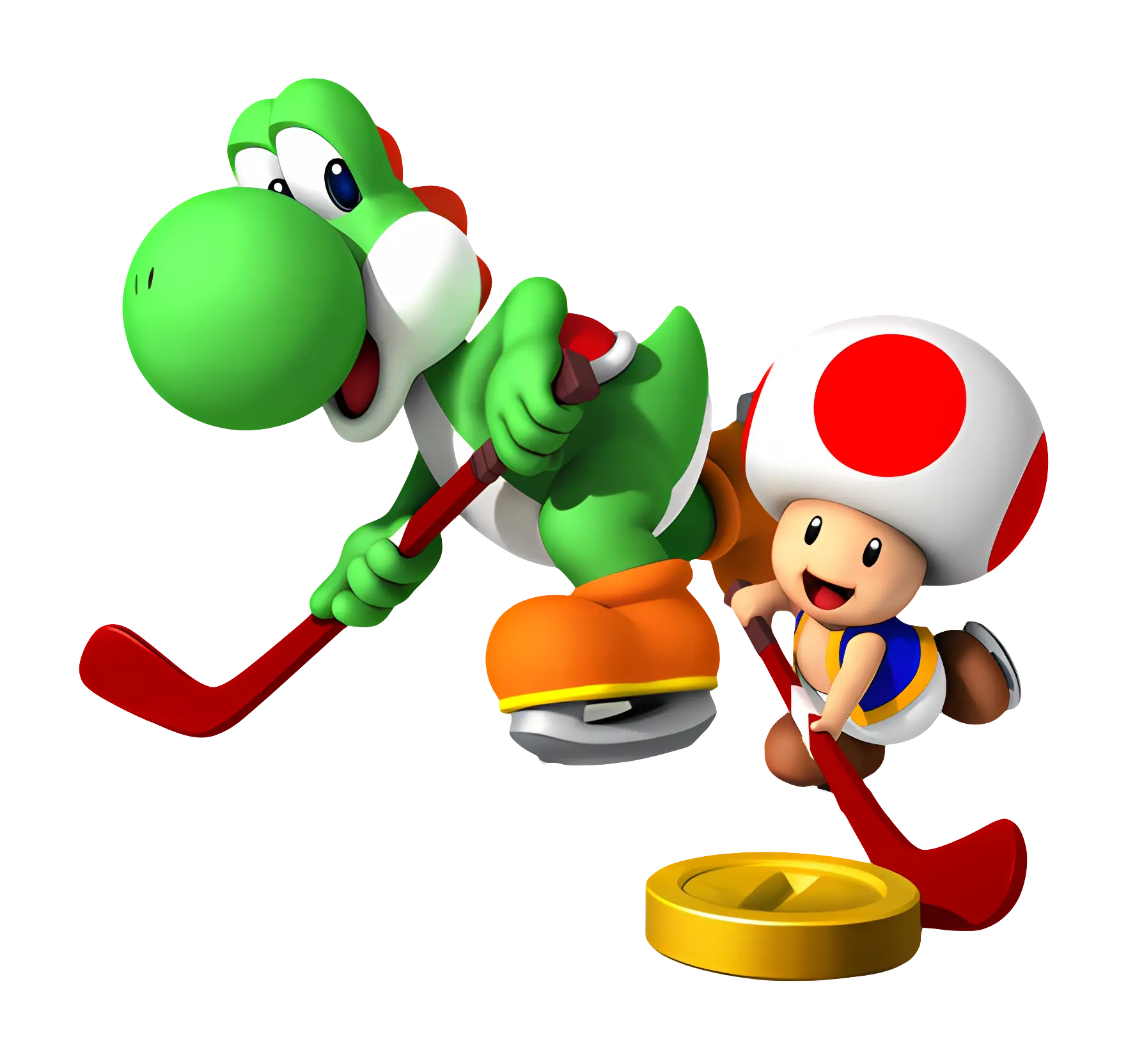 Green Dinosaur and Small Character Playing Hockey