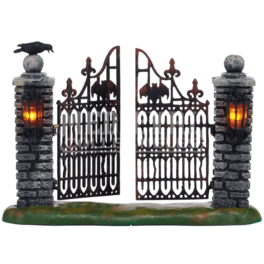 Gothic Gate with Lanterns and Crow