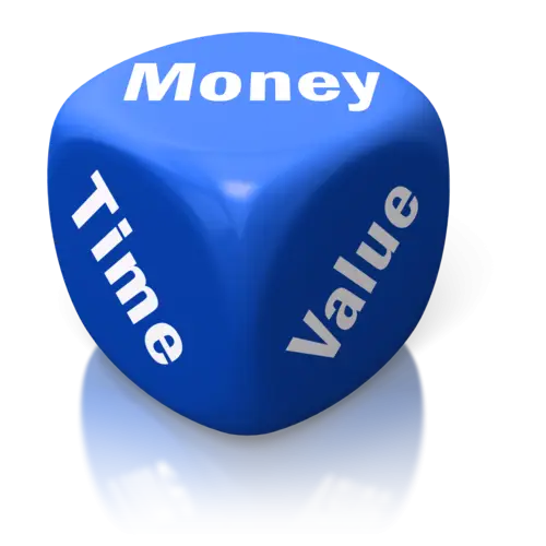 Blue Dice with Money, Time, and Value