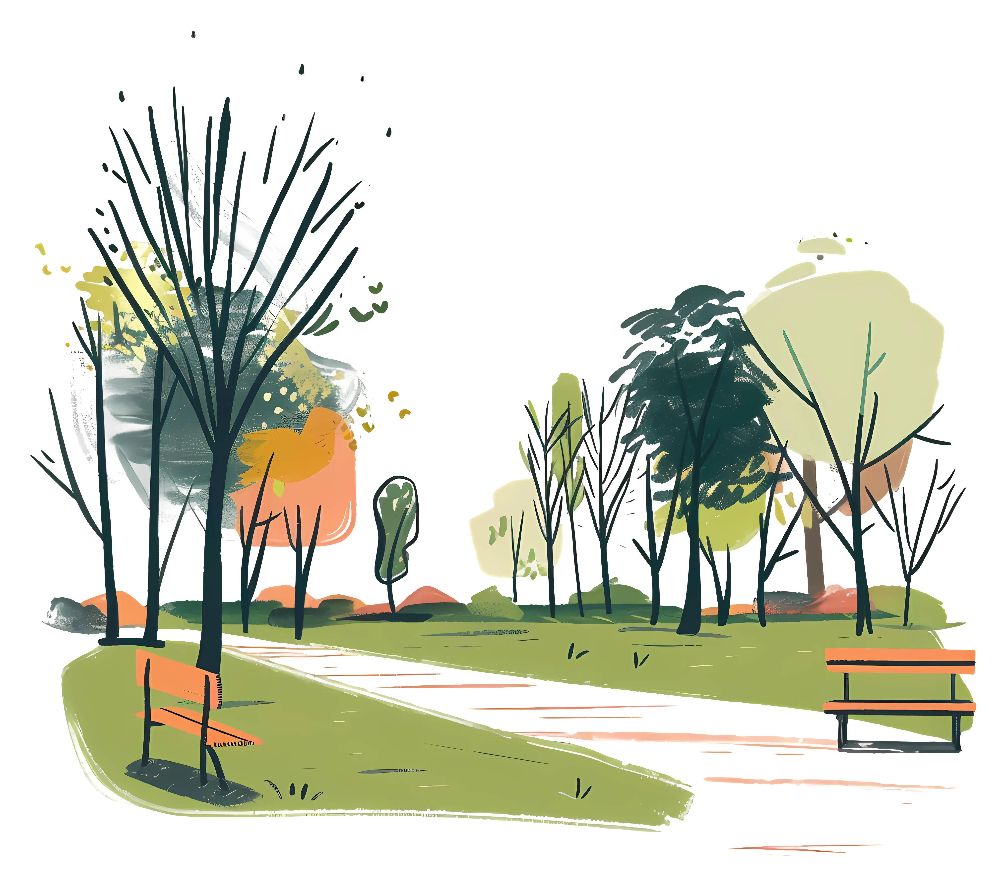 Beautiful Park Landscape with Trees and Benches