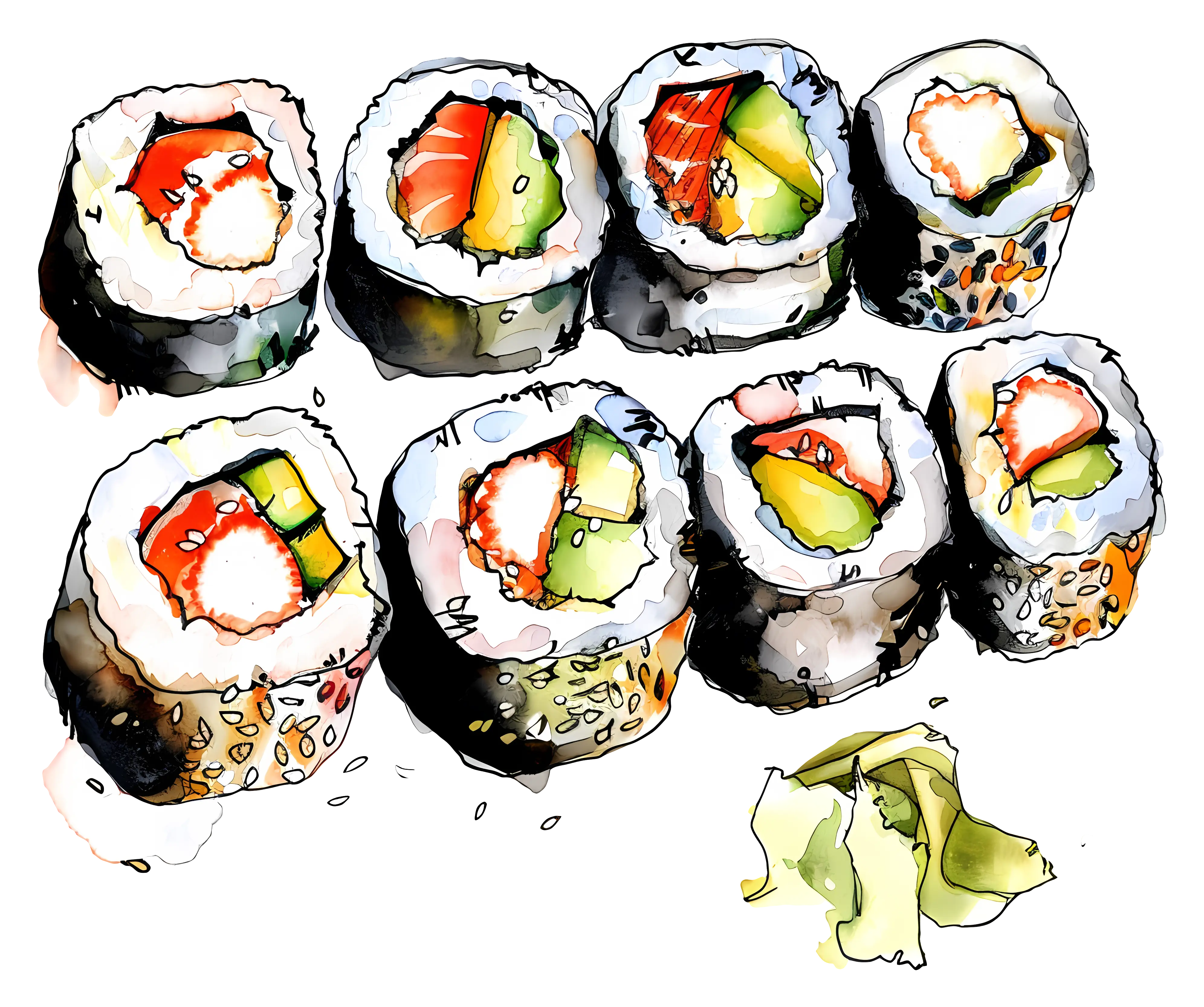 Watercolor Illustration of Sushi Rolls with Wasabi