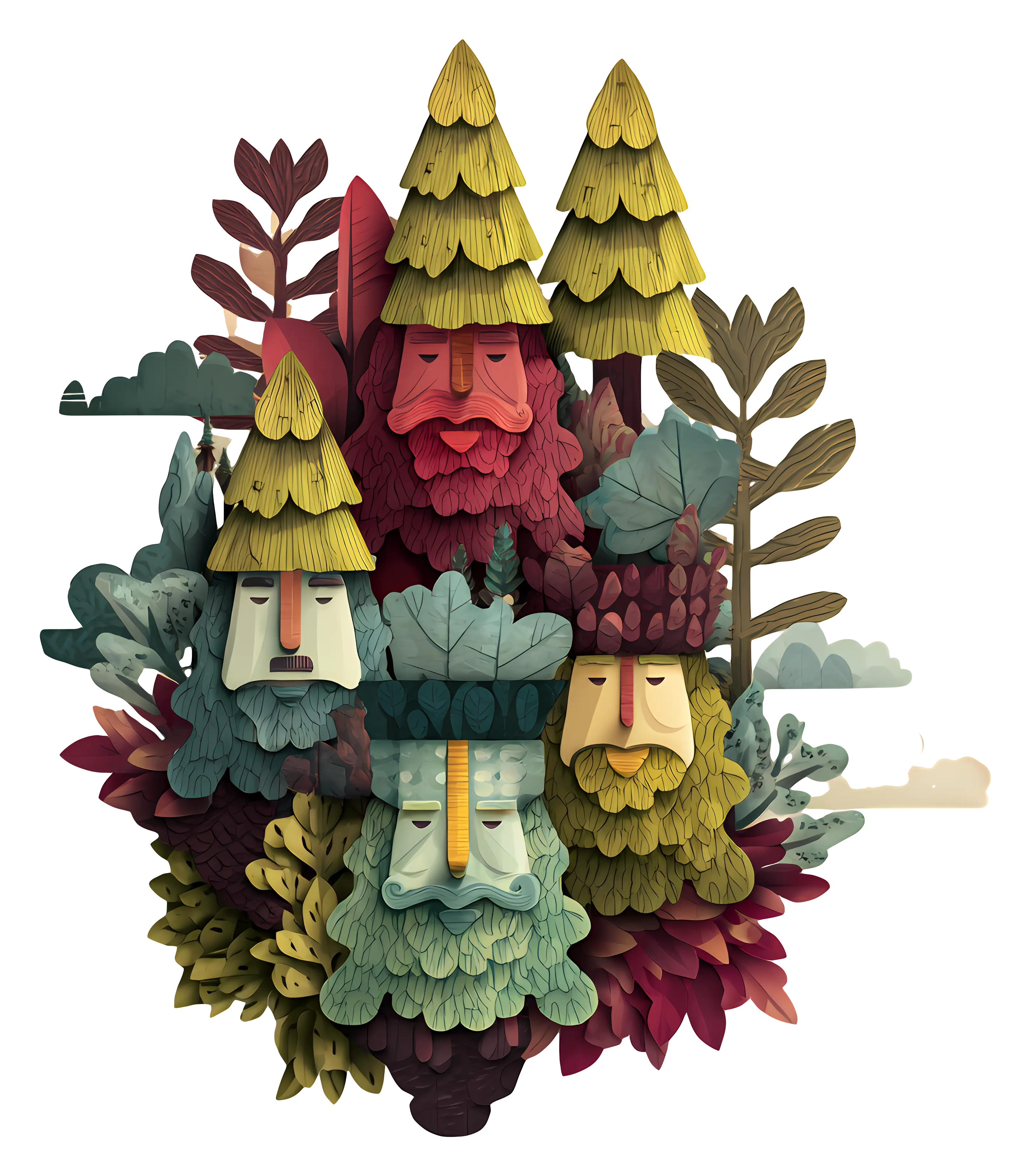 Mythical Tree Faces in Forest