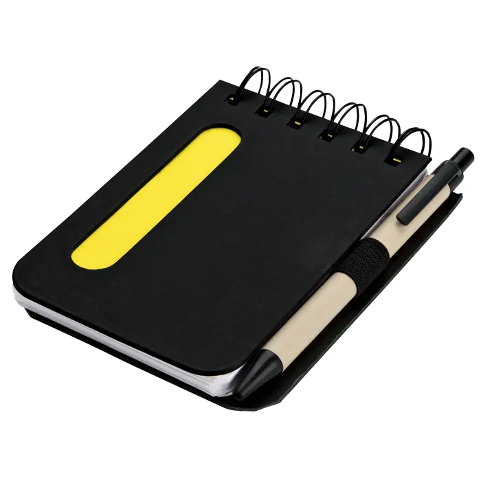 Black spiral notebook with attached pen