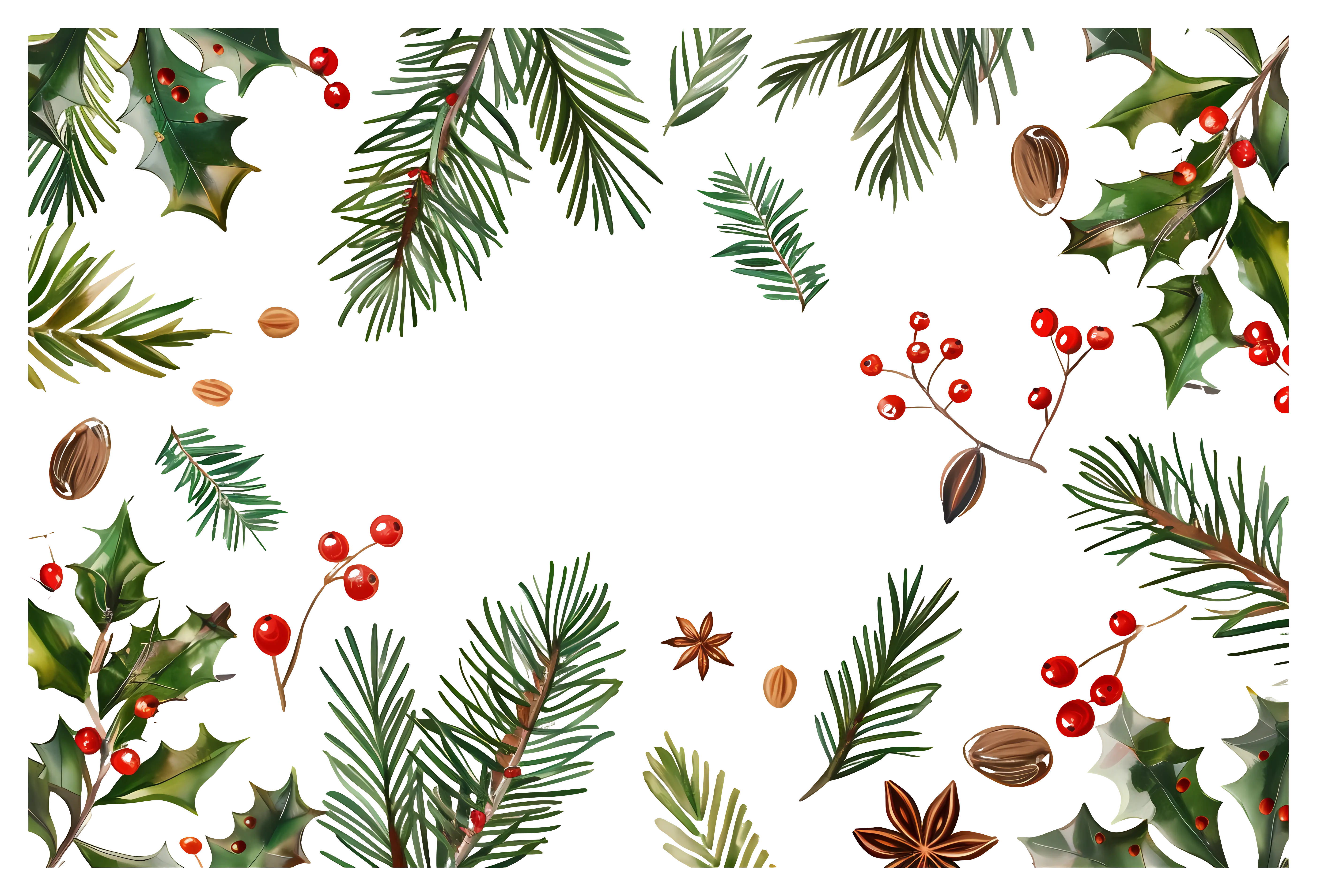 Christmas Foliage Border with Holly and Pine Elements