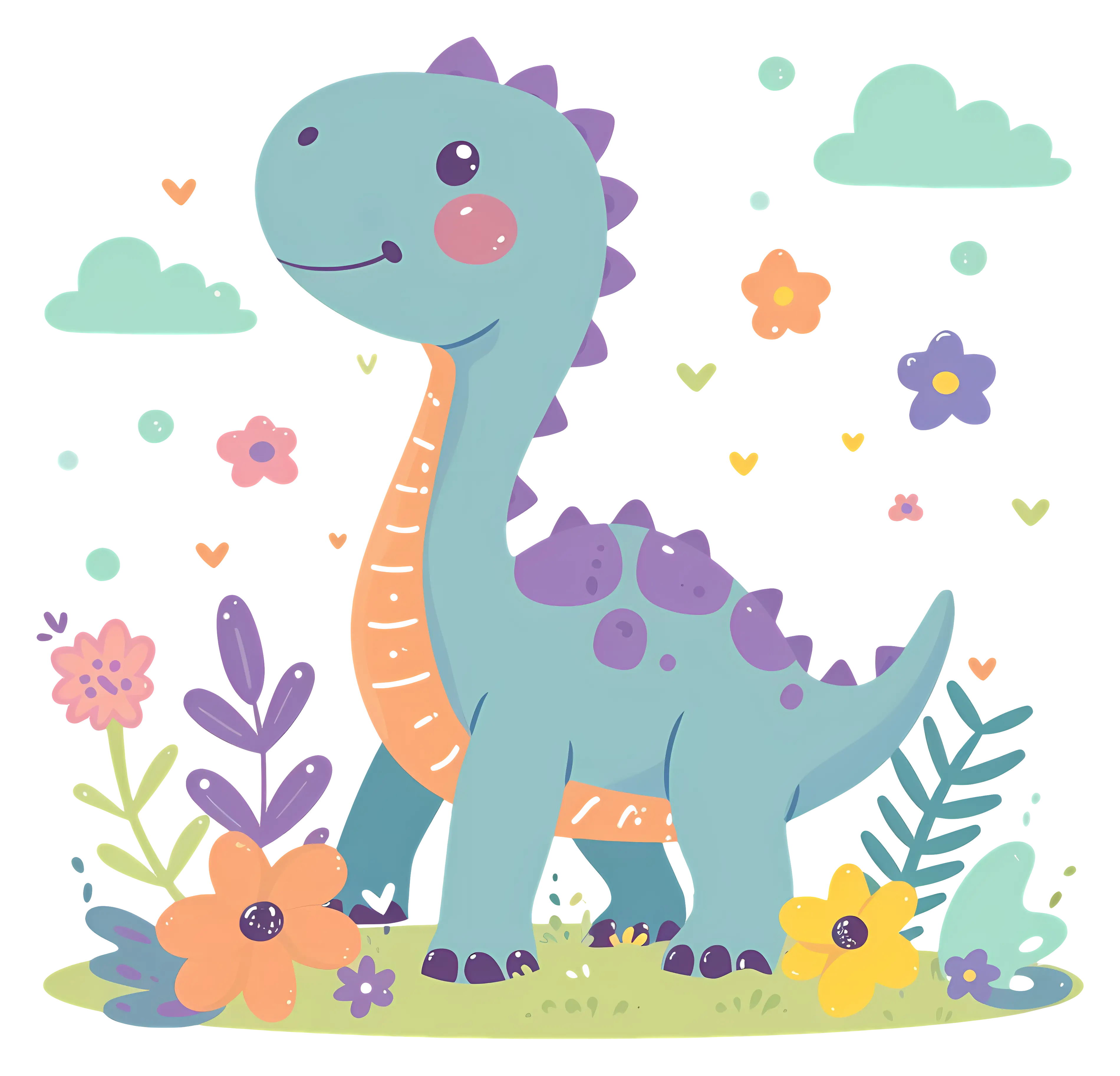 Adorable cartoon dinosaur in a flower-filled scenery