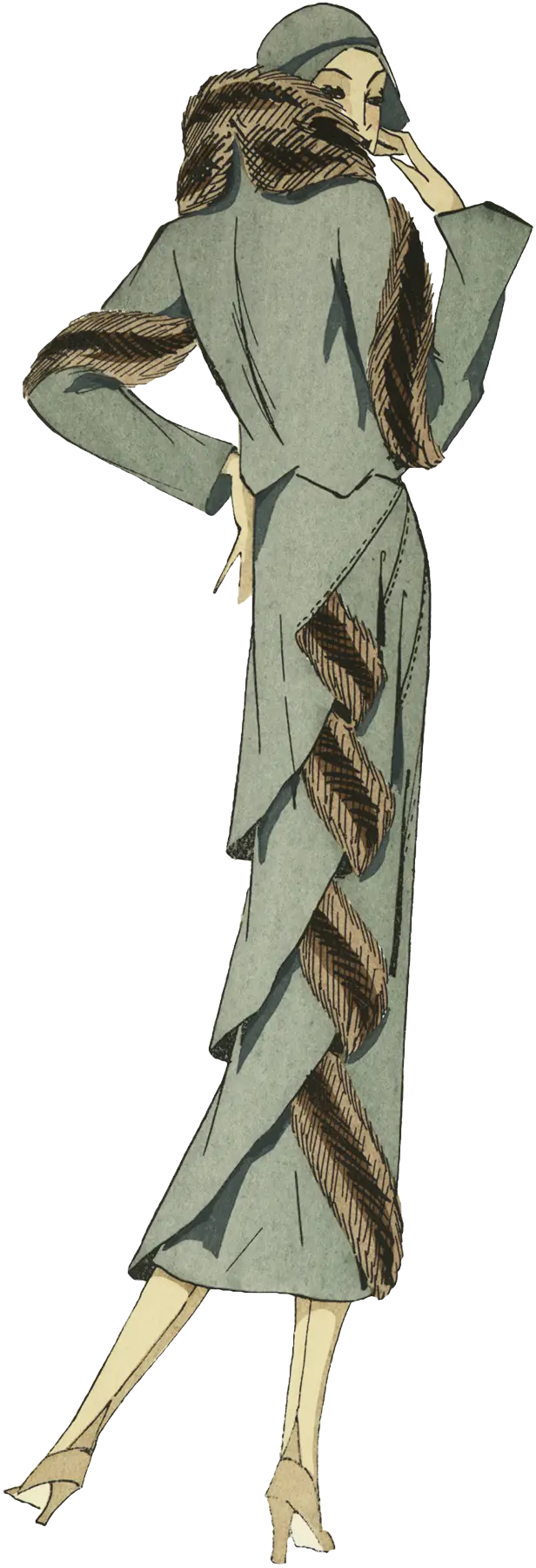 Vintage Fashion Illustration with Fur Trim