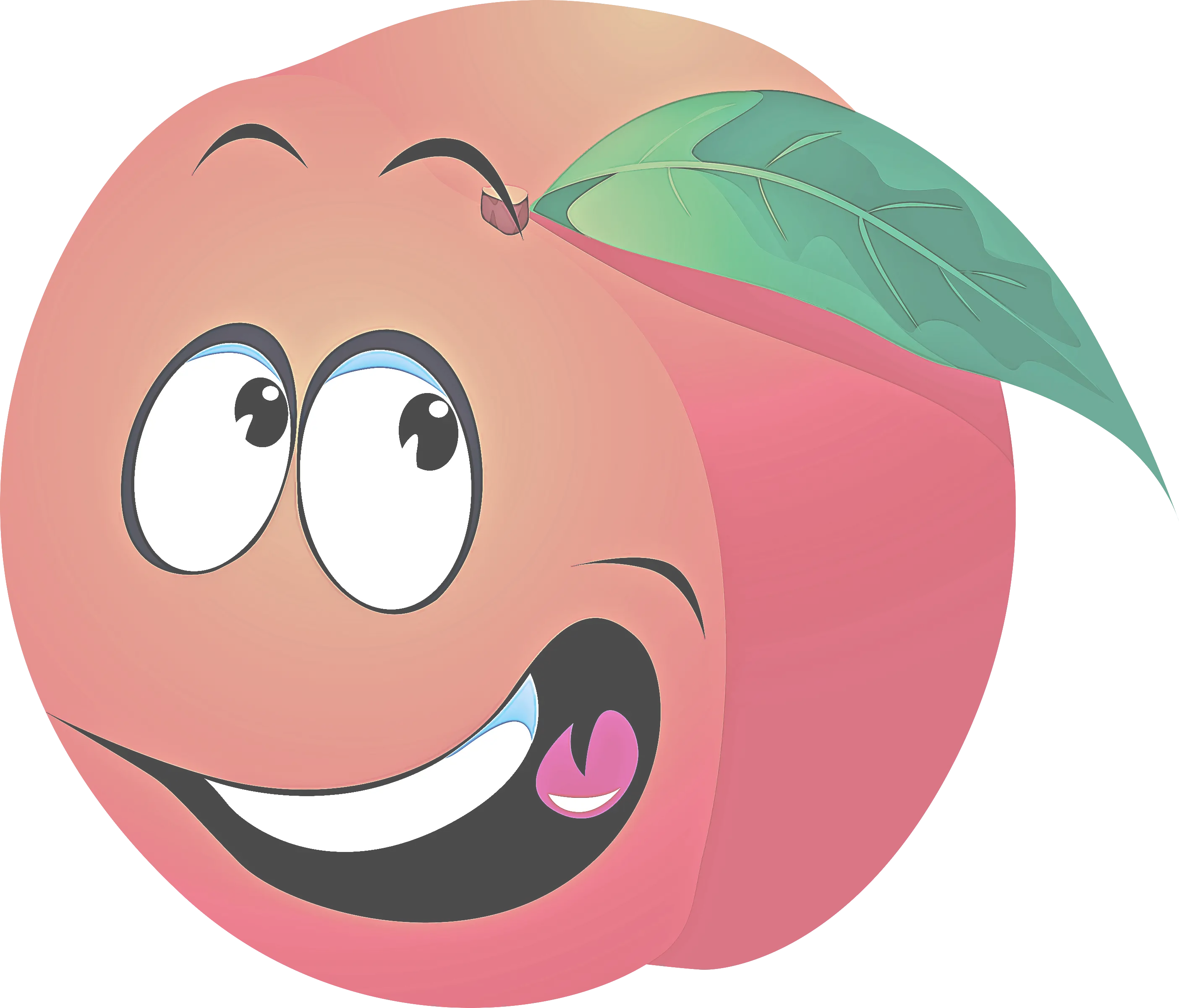 Smiling Peach Cartoon with Green Leaf