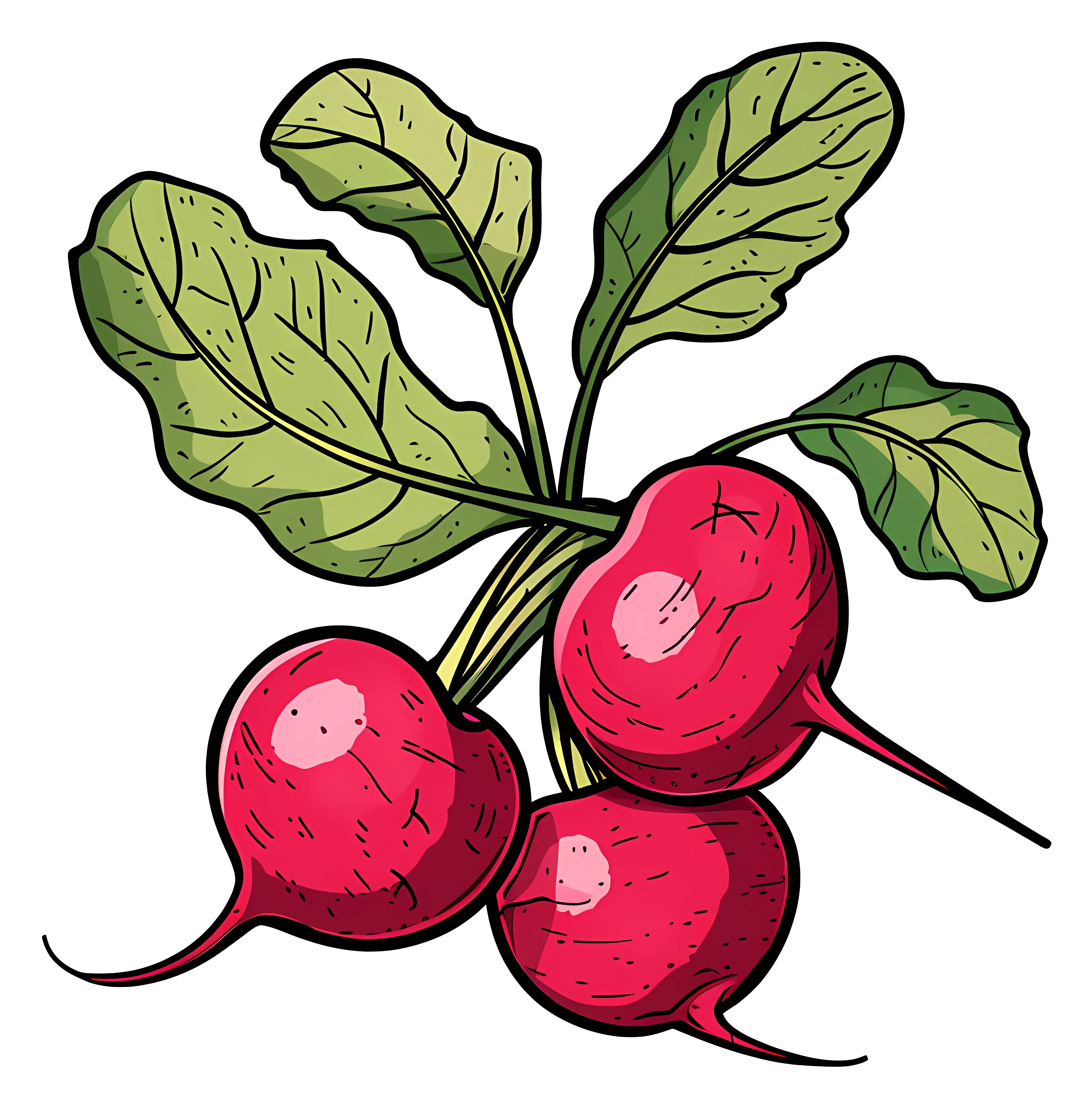 Red Radishes with Green Leaves Illustration