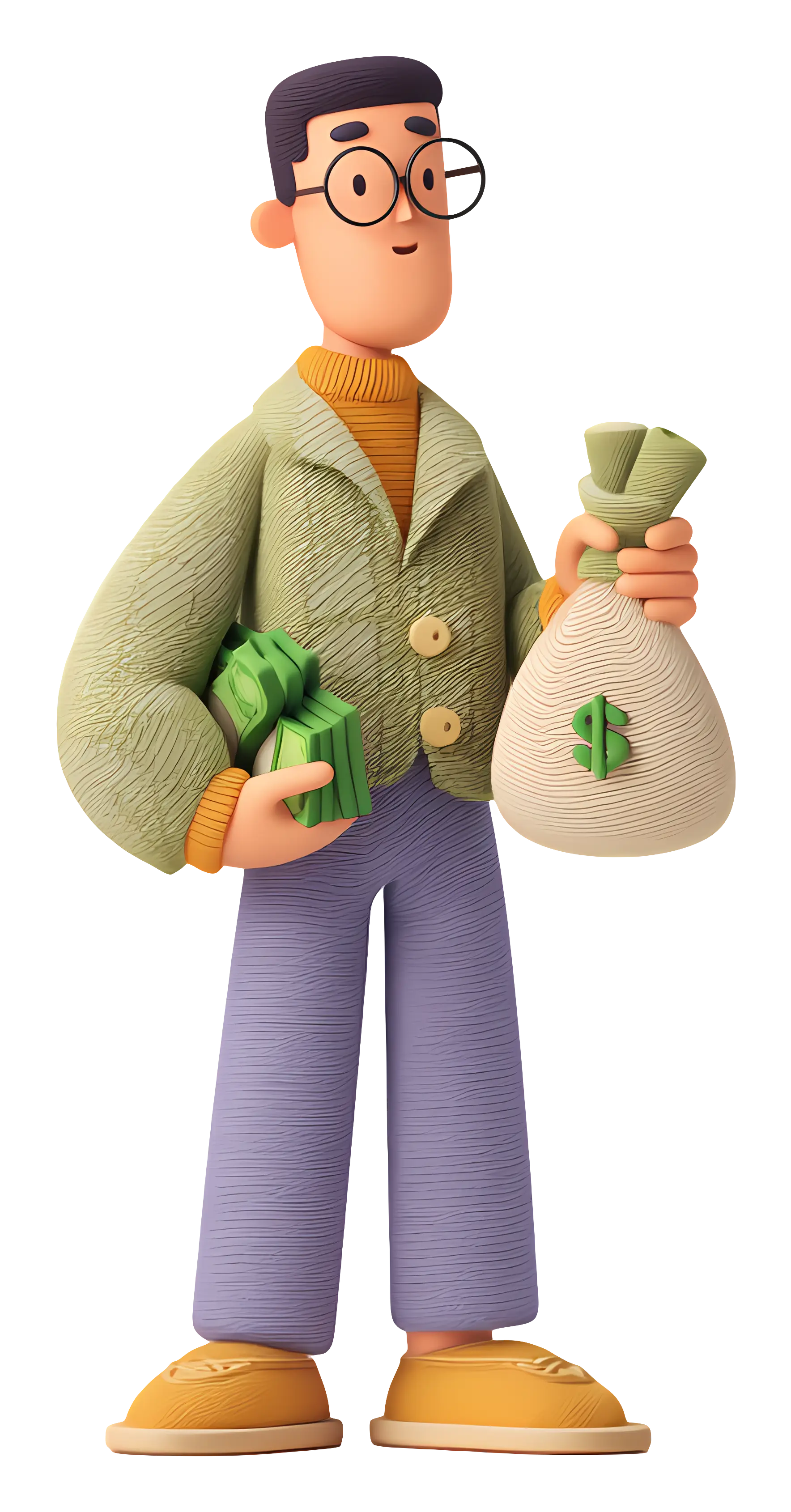 Cartoon Man Holding Money and Bag