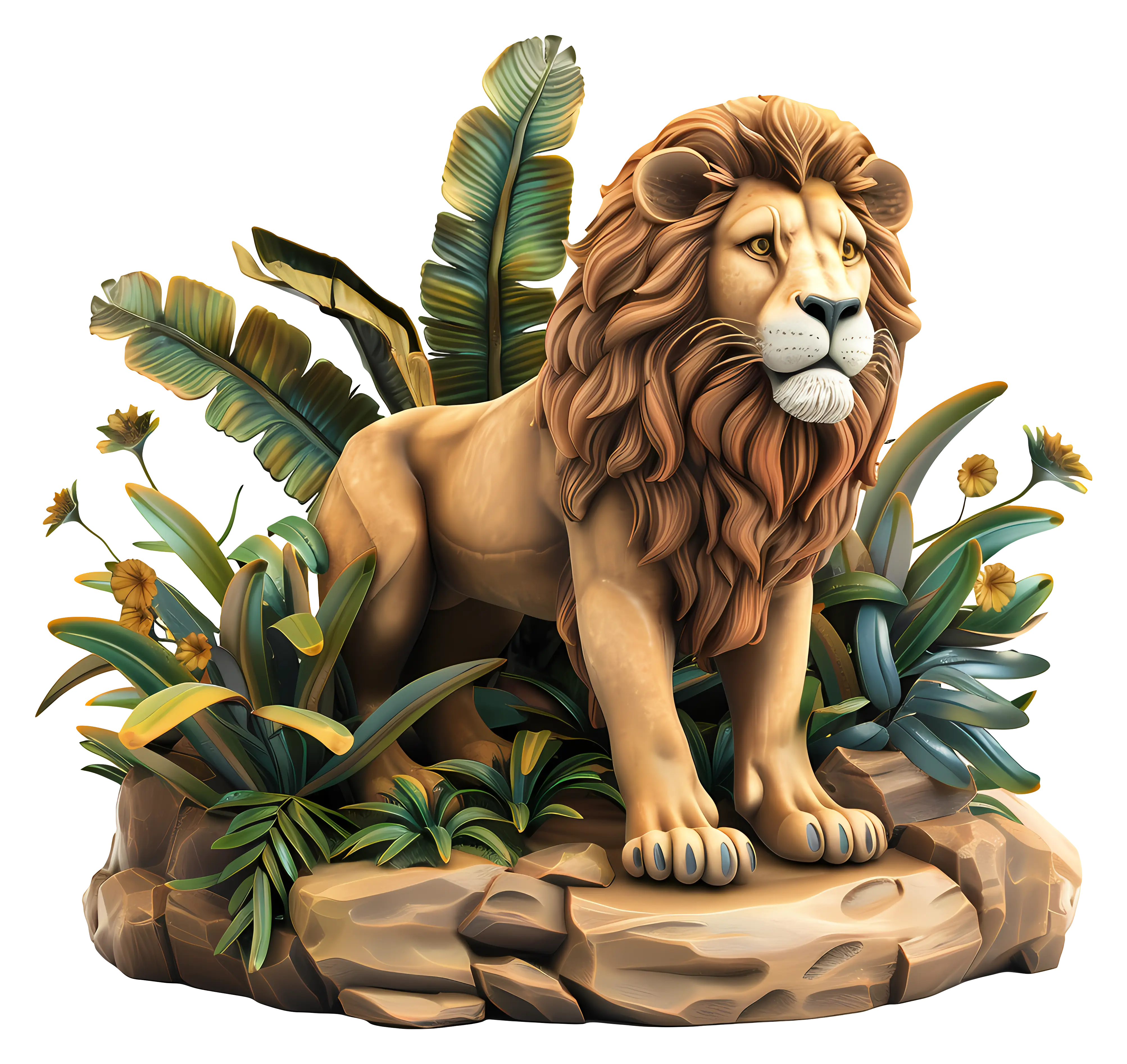 Lion Statue with Jungle Plants Illustration