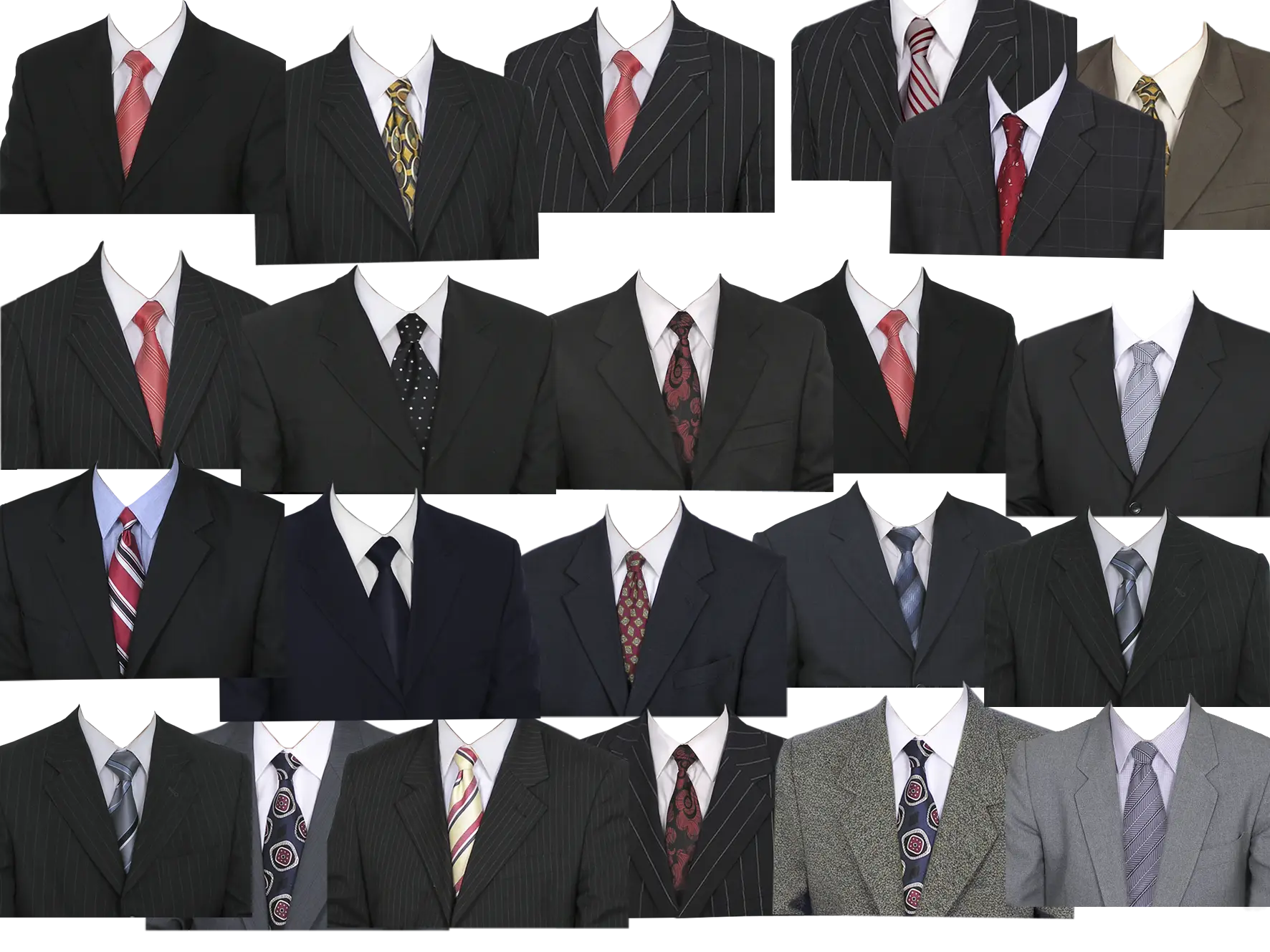Variety of Formal Suits and Ties in Different Styles