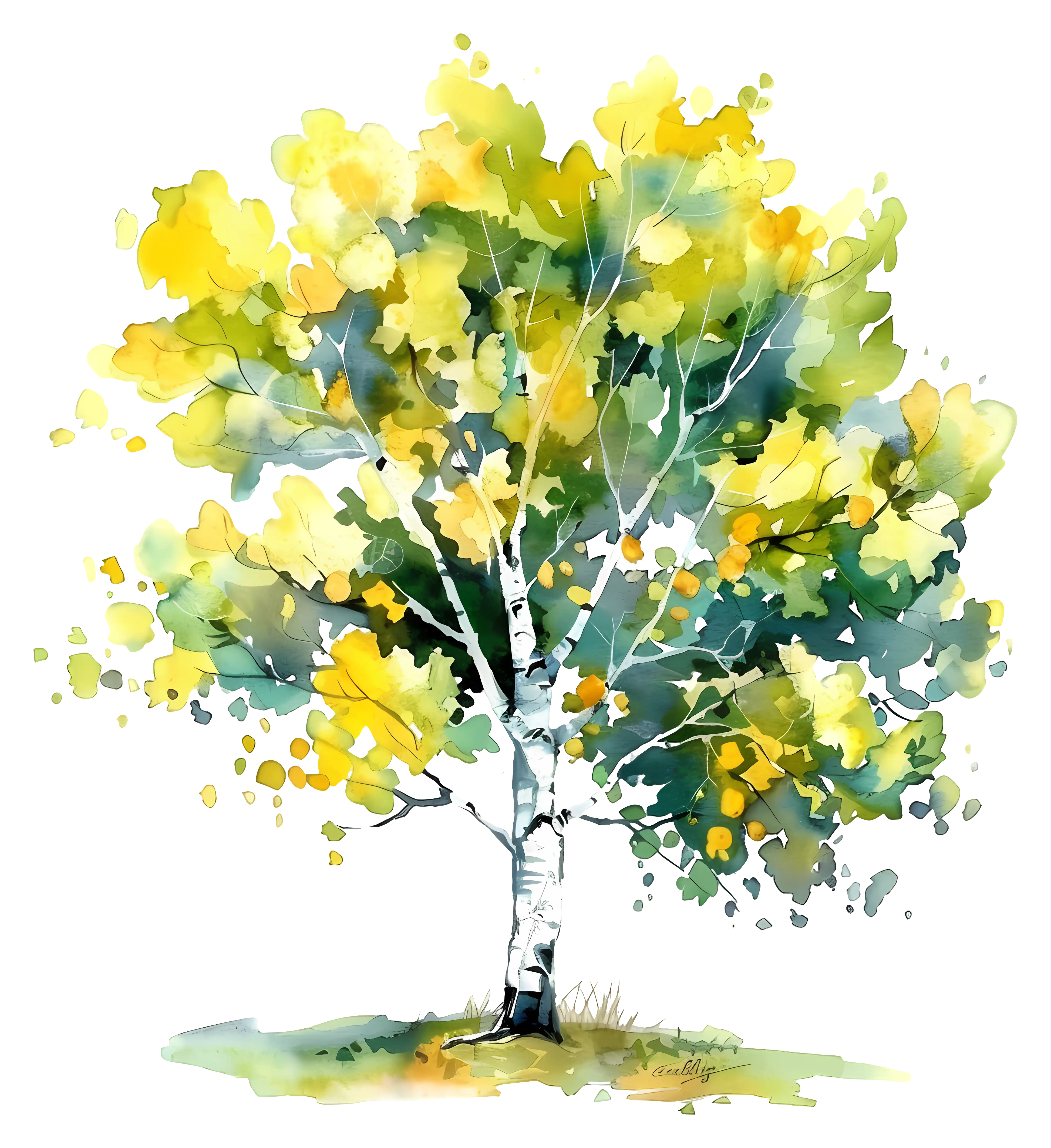 Yellow Birch Tree with Autumn Leaves