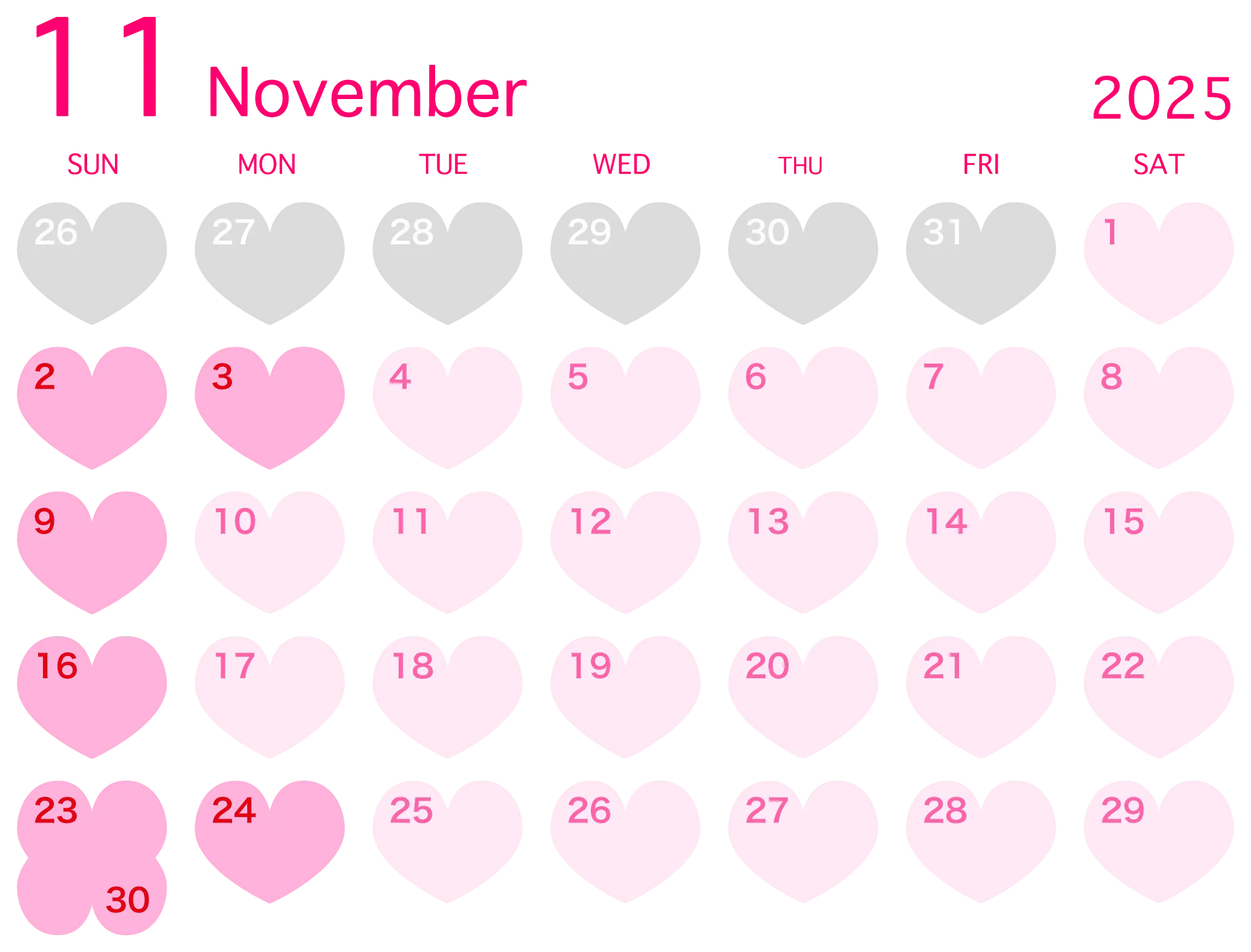 November 2025 Calendar with Heart Icons