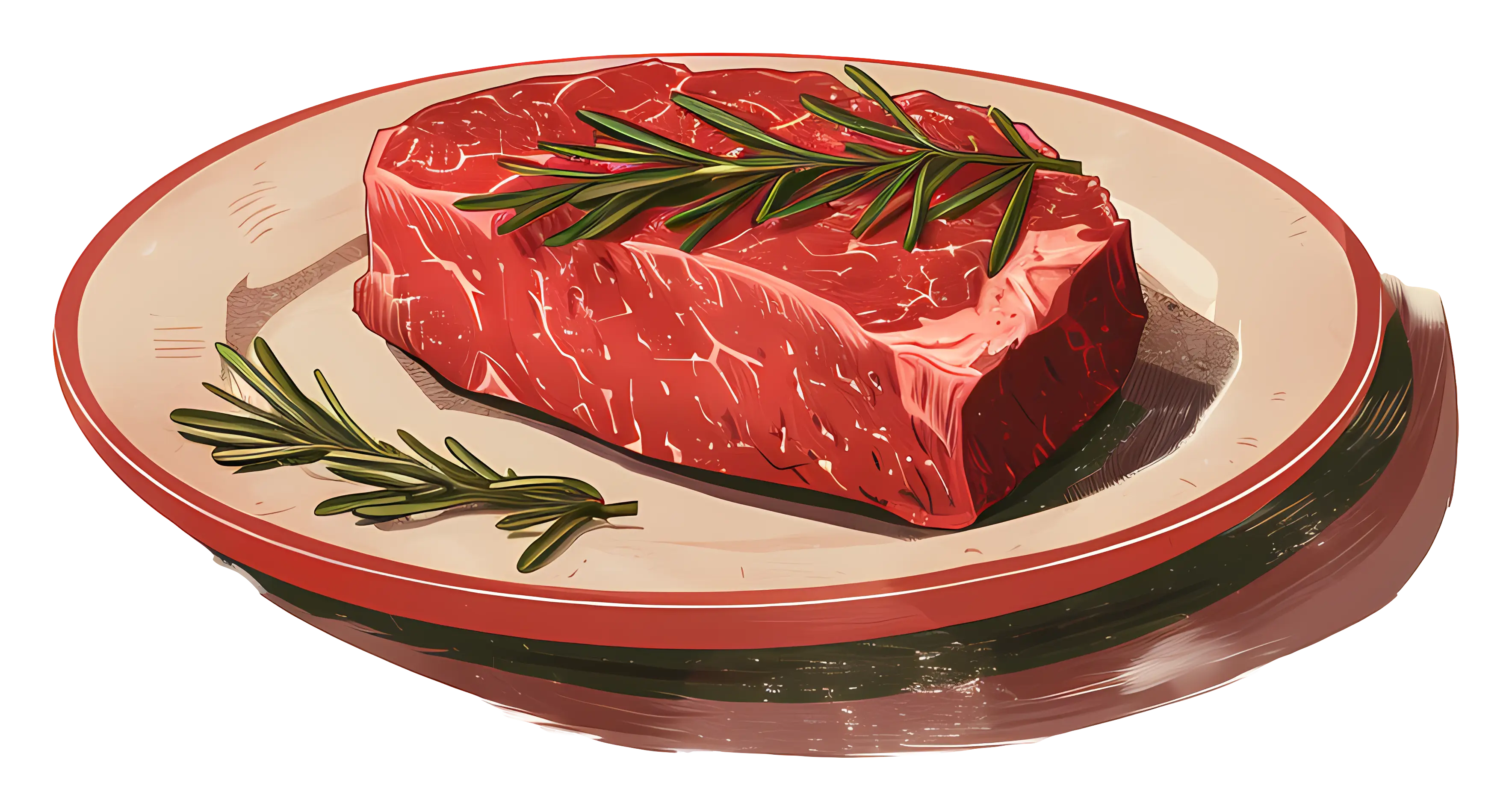 Raw Steak Garnished with Fresh Rosemary on a Plate