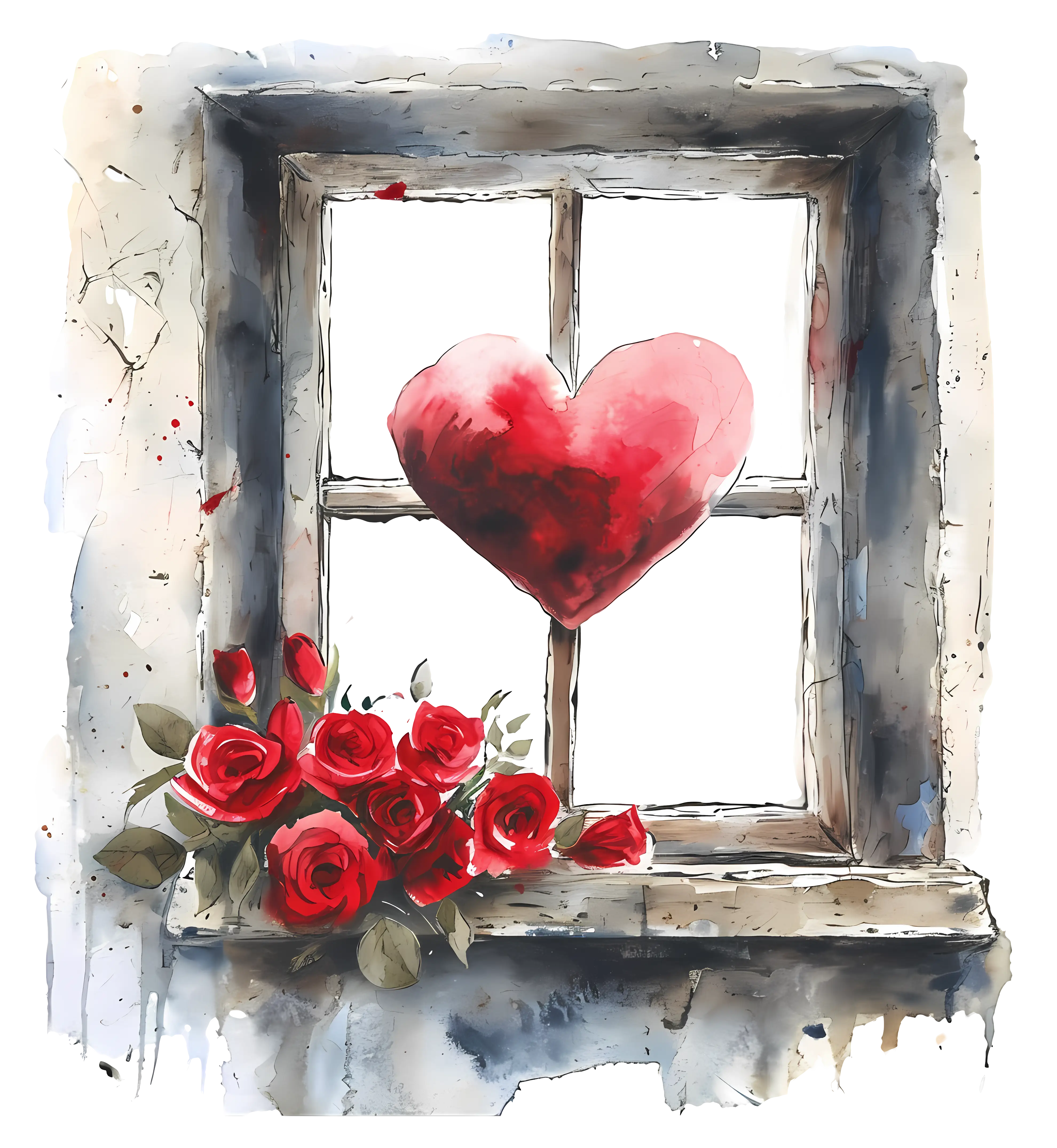 Red Heart and Roses in Artistic Window