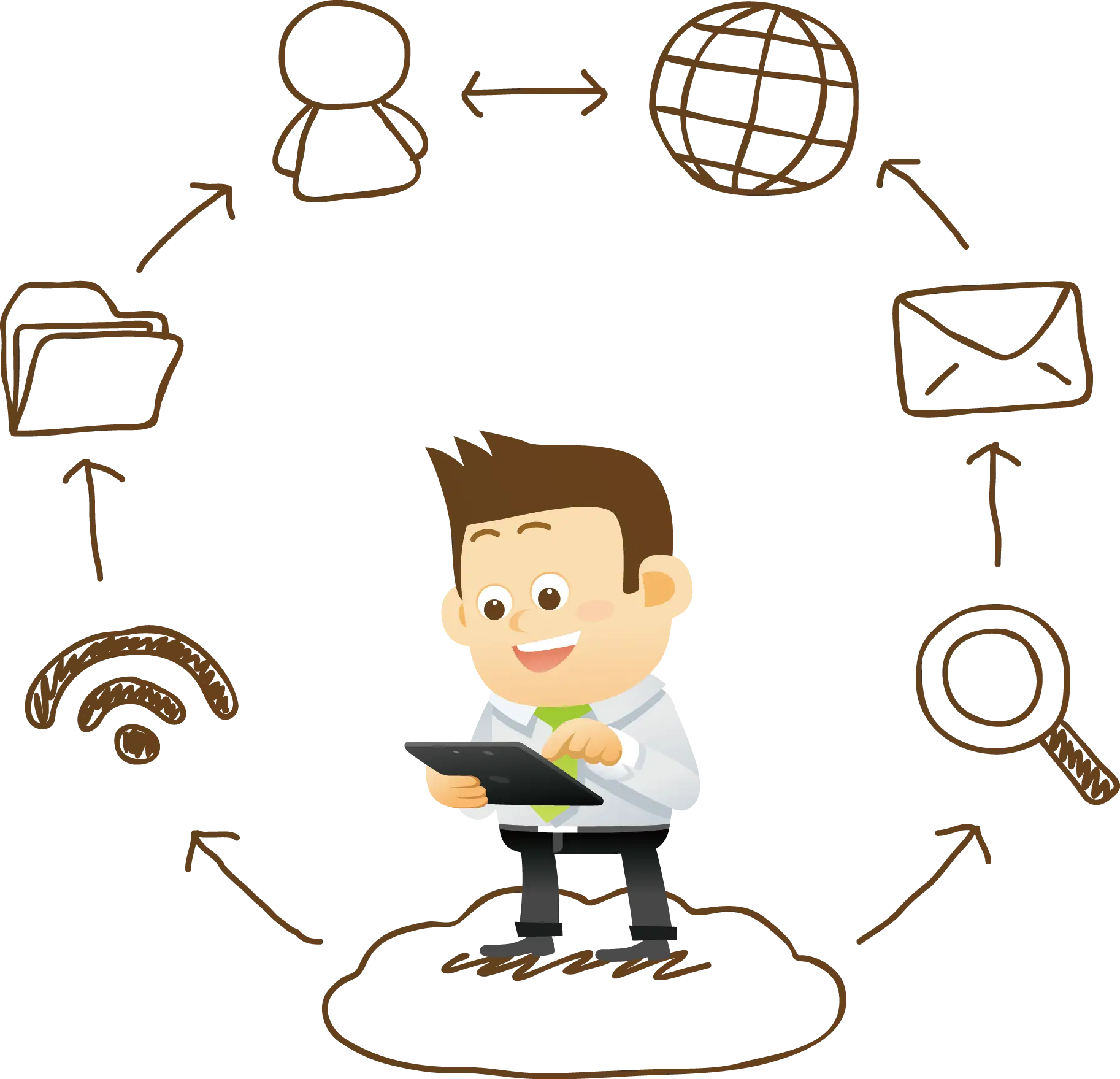 Cartoon Man Using Tablet with Network Icons