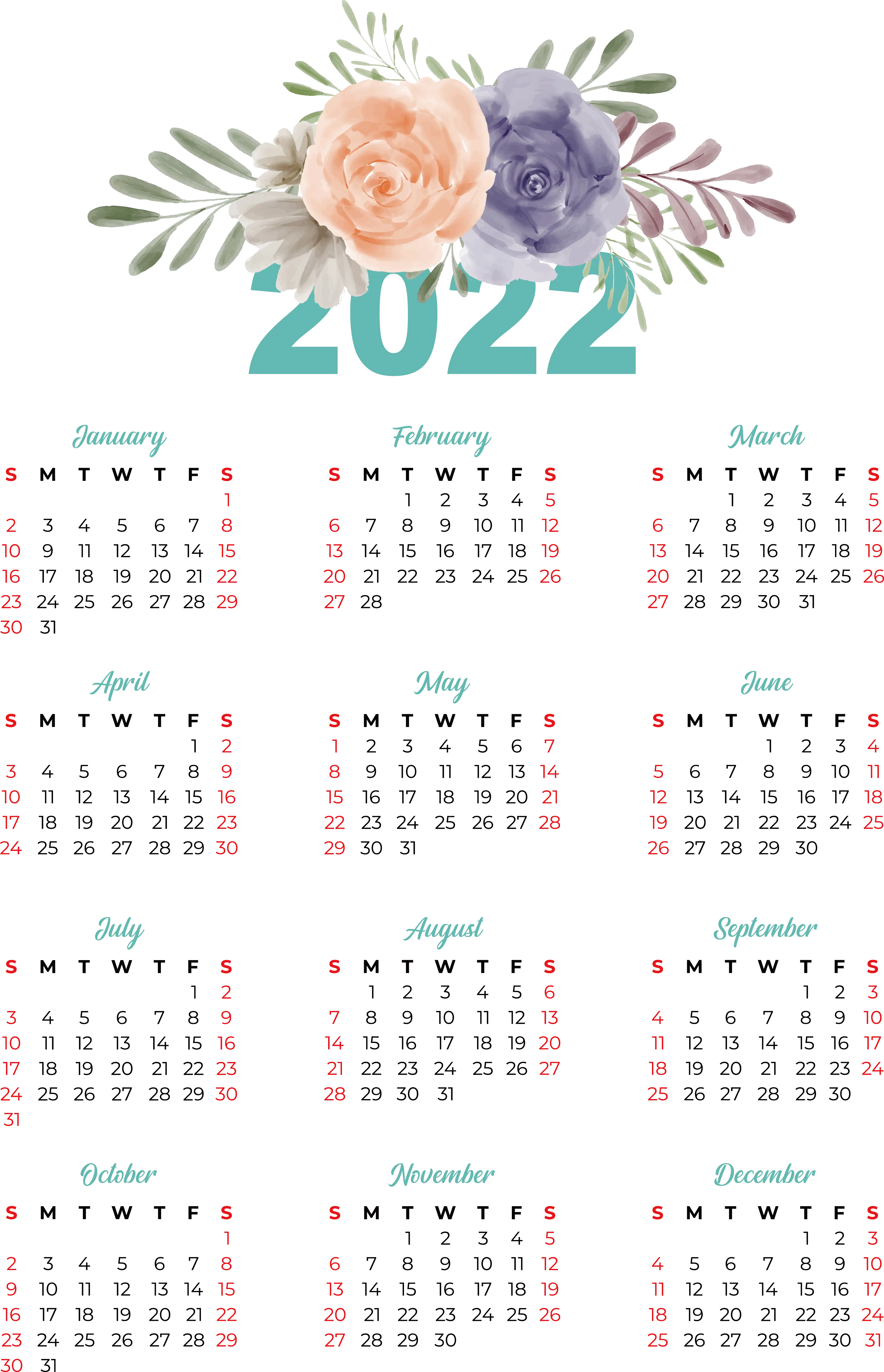 2022 Calendar with Peach and Purple Roses Design