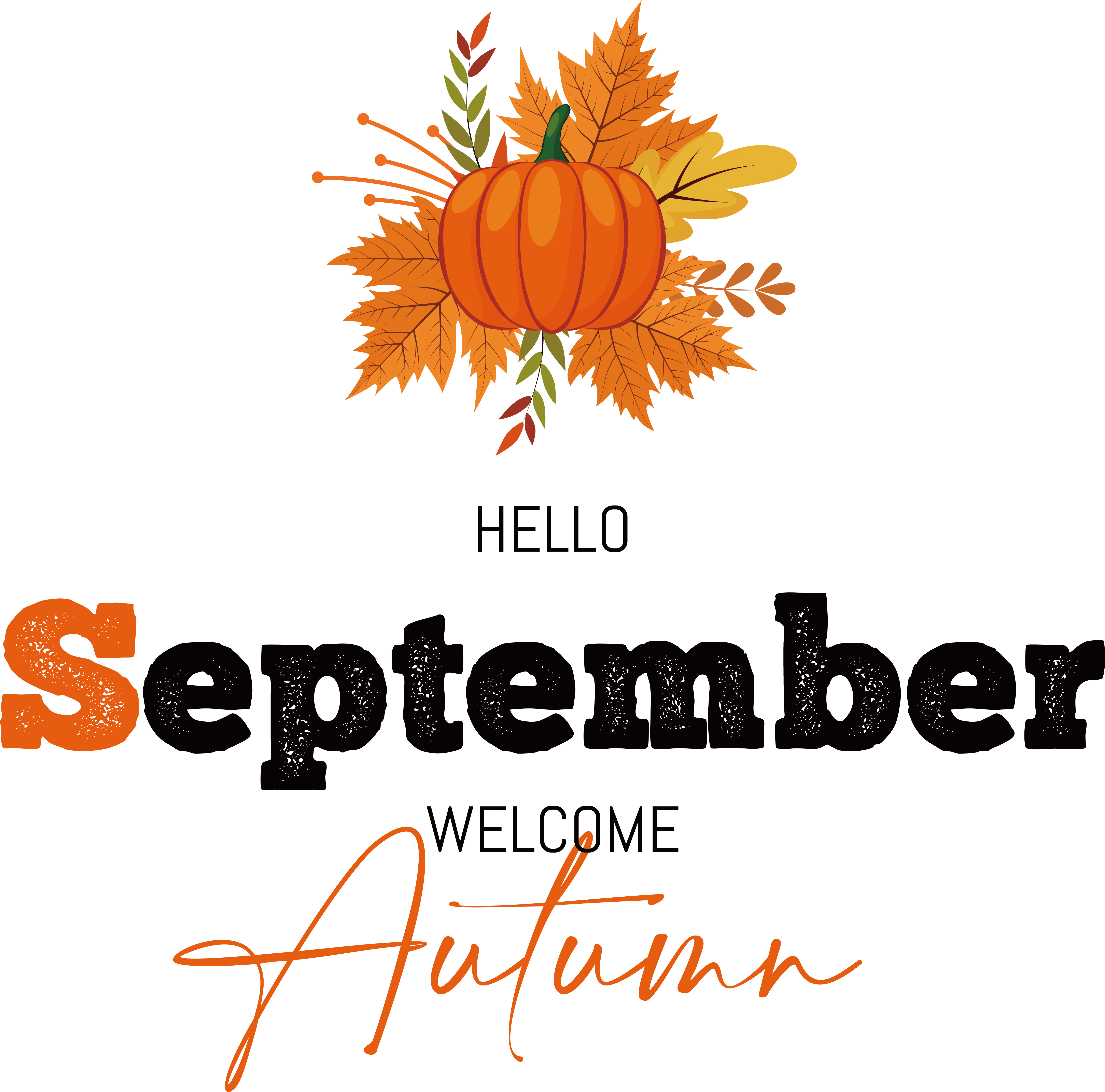 September Welcome Design with Pumpkin and Autumn Leaves