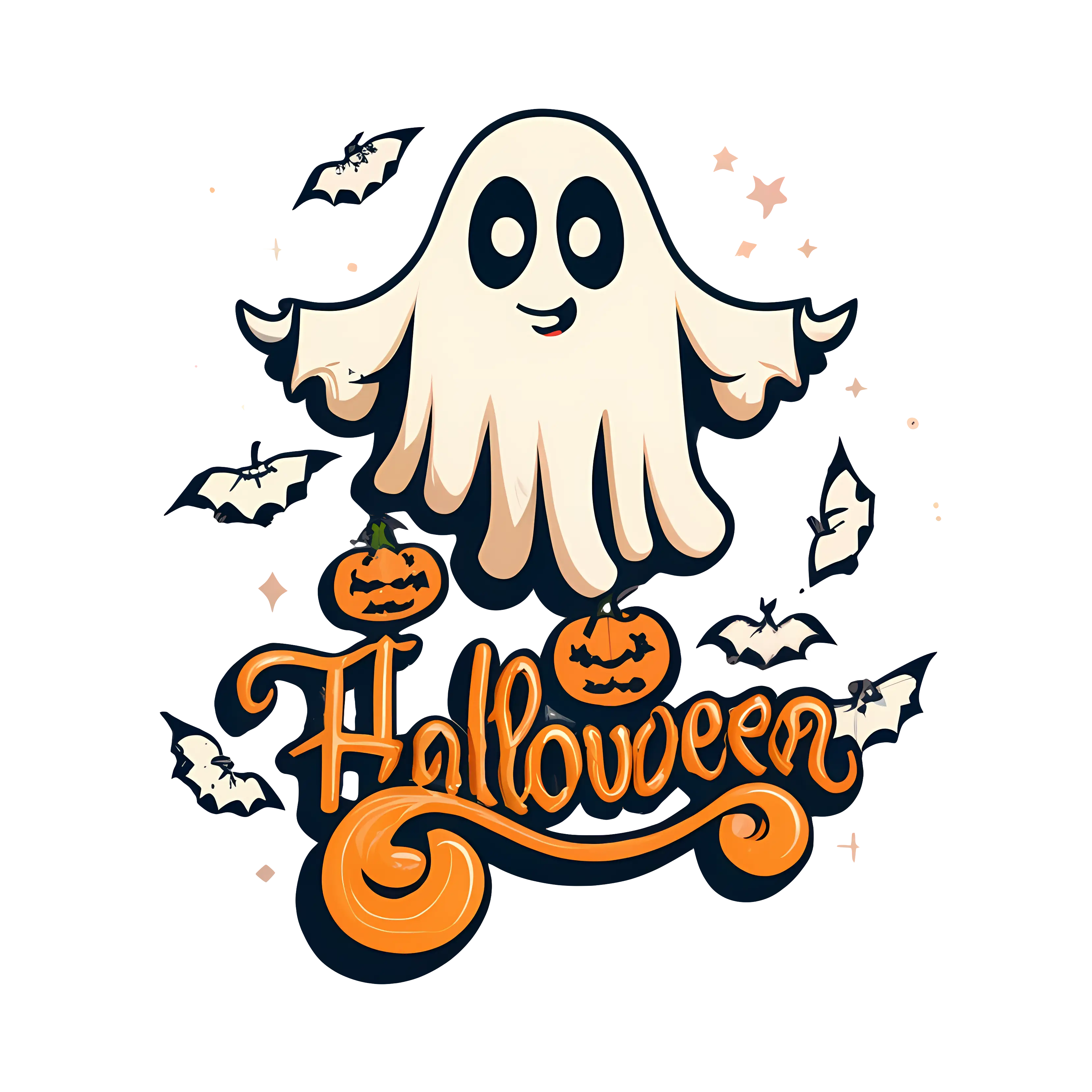 Halloween Ghost with Pumpkins and Bats