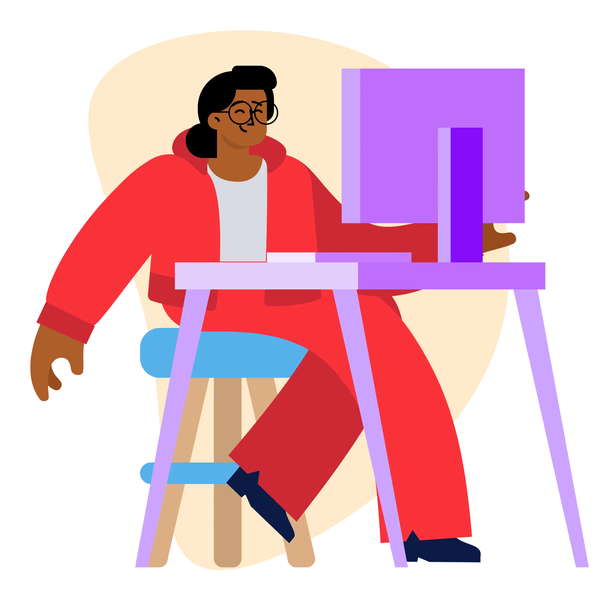 Cartoon Character in Red Outfit Working on Computer