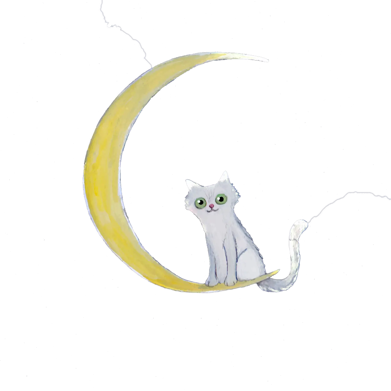 White Cat Sitting on Crescent Moon