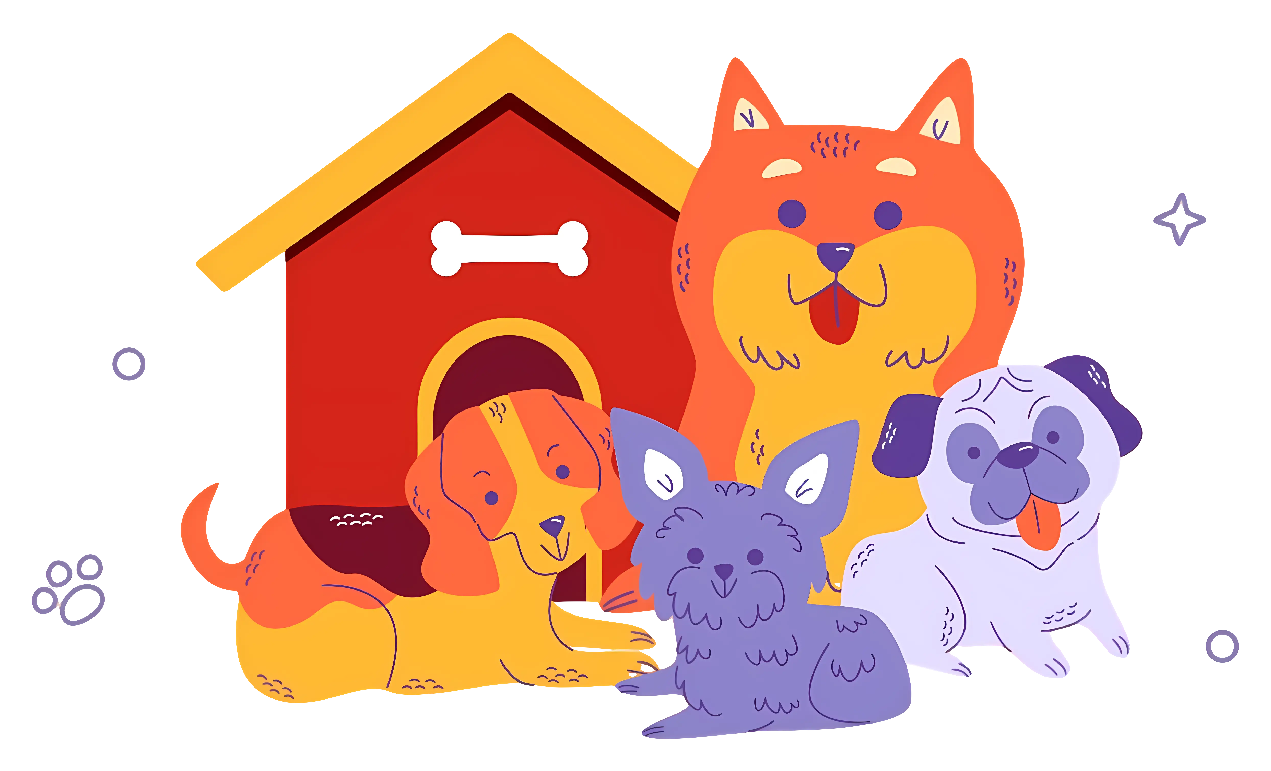 Group of Four Dogs with Dog House