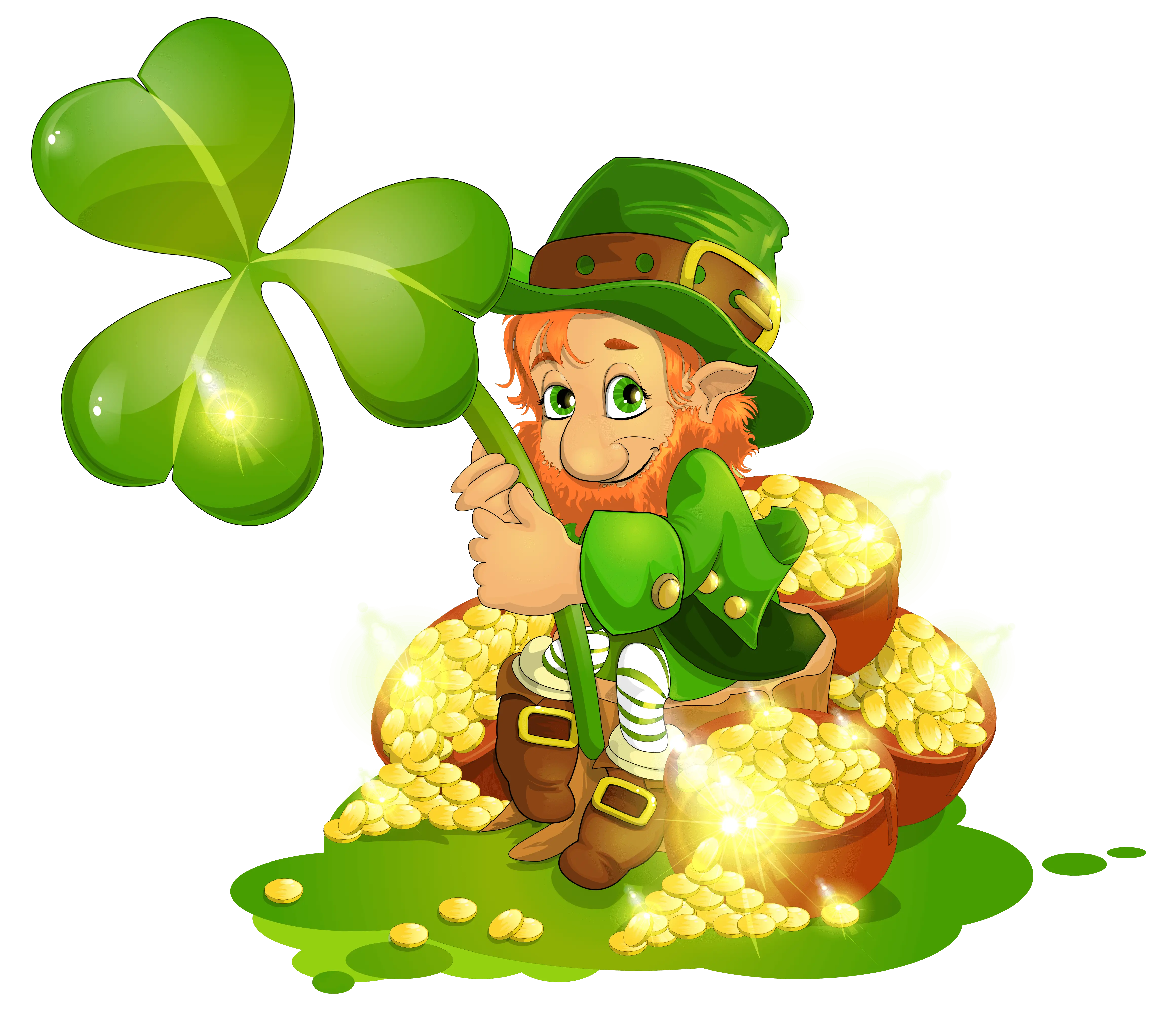 Leprechaun Holding Shamrock with Gold Coins
