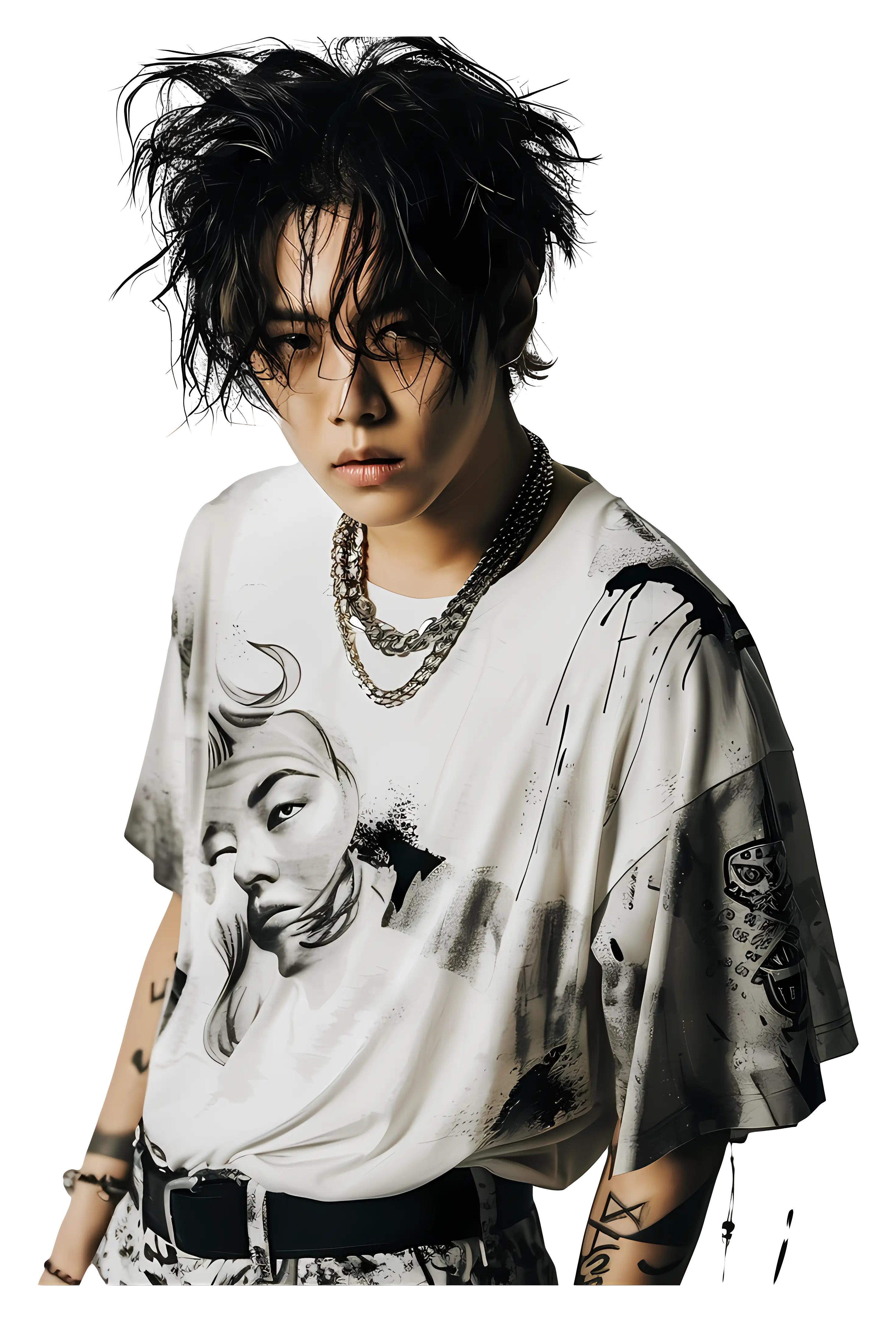Stylish Person with Messy Hair and Graphic T-Shirt