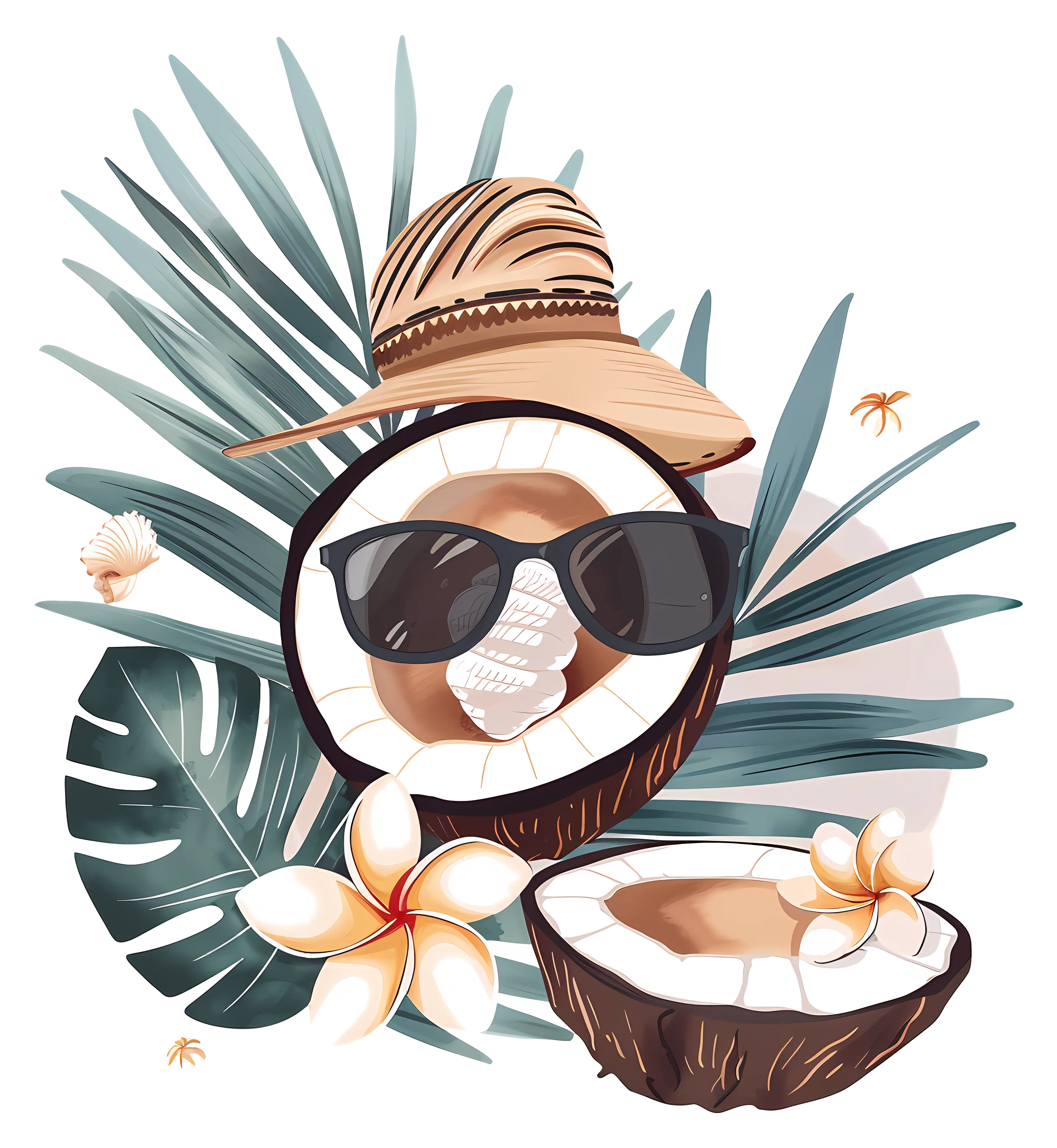 Tropical Coconut with Hat and Sunglasses