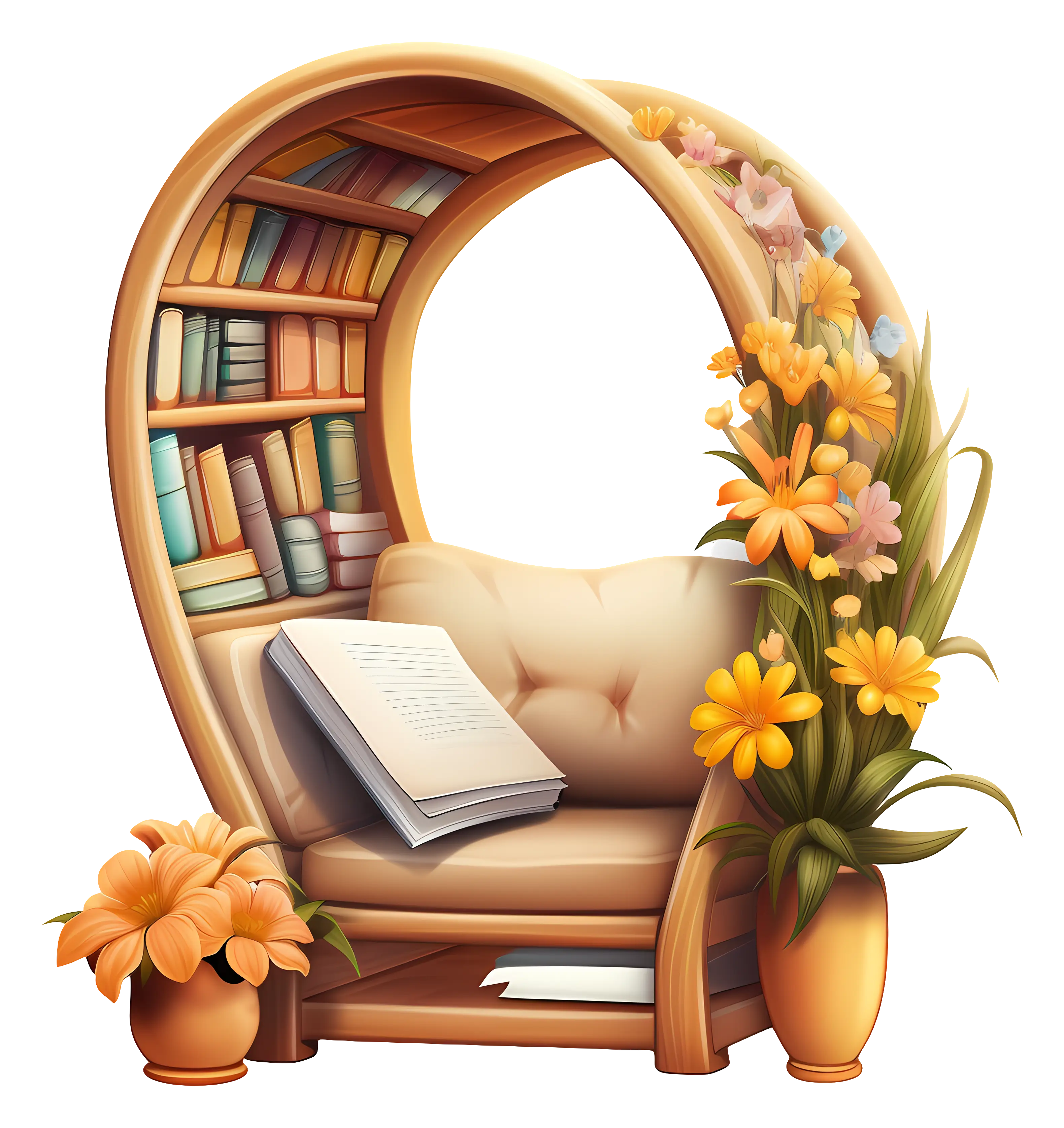 Floral Bookshelf with Cozy Chair