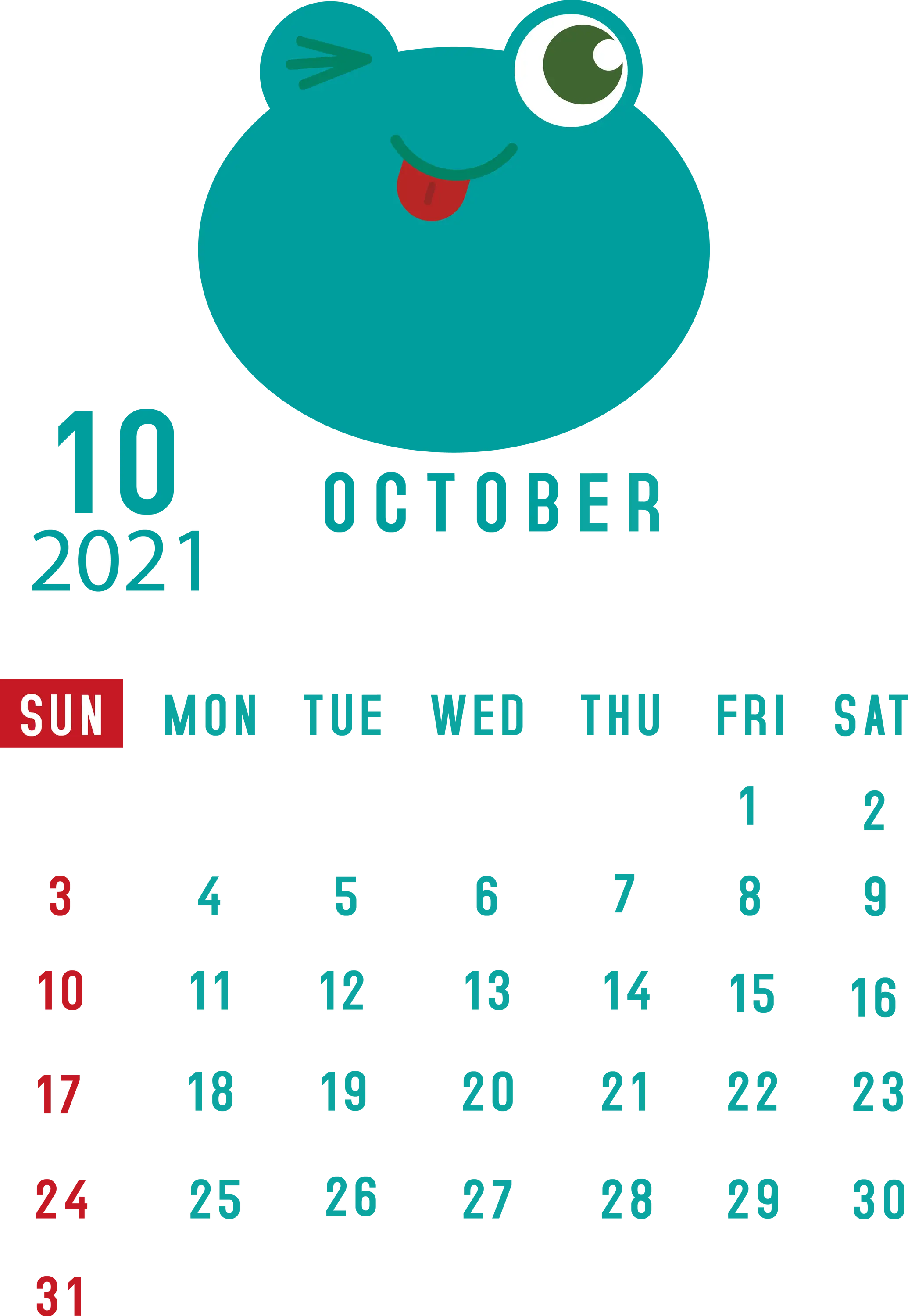 October 2021 Calendar with Frog Mascot